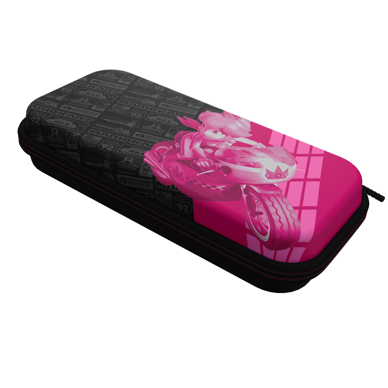 Ein rosa und schwarzes Federmäppchen mit Prinzessin Peach auf einem Motorrad.