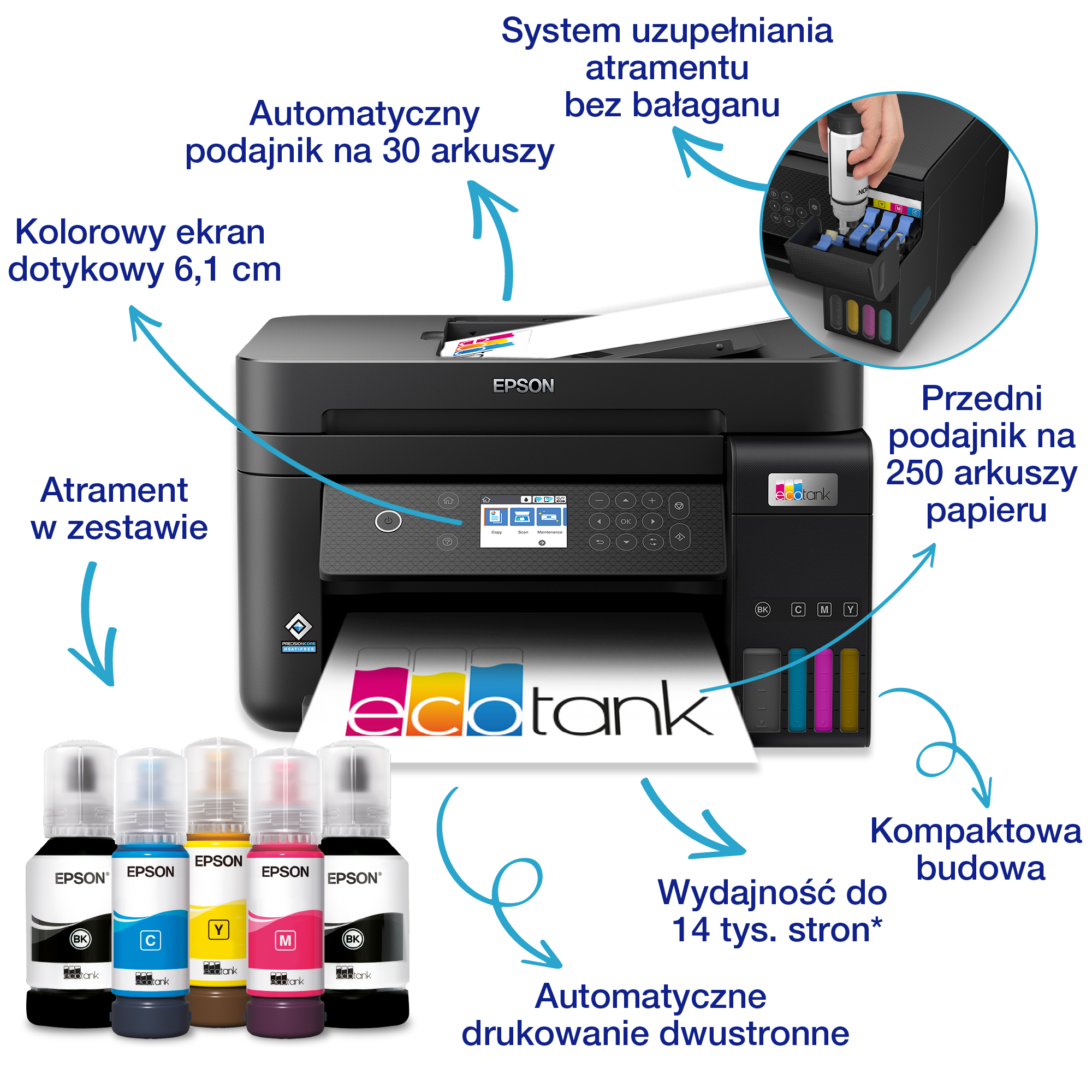 Drukarka Epson z butelkami z tuszem i funkcjami takimi jak automatyczne drukowanie i ekran dotykowy.