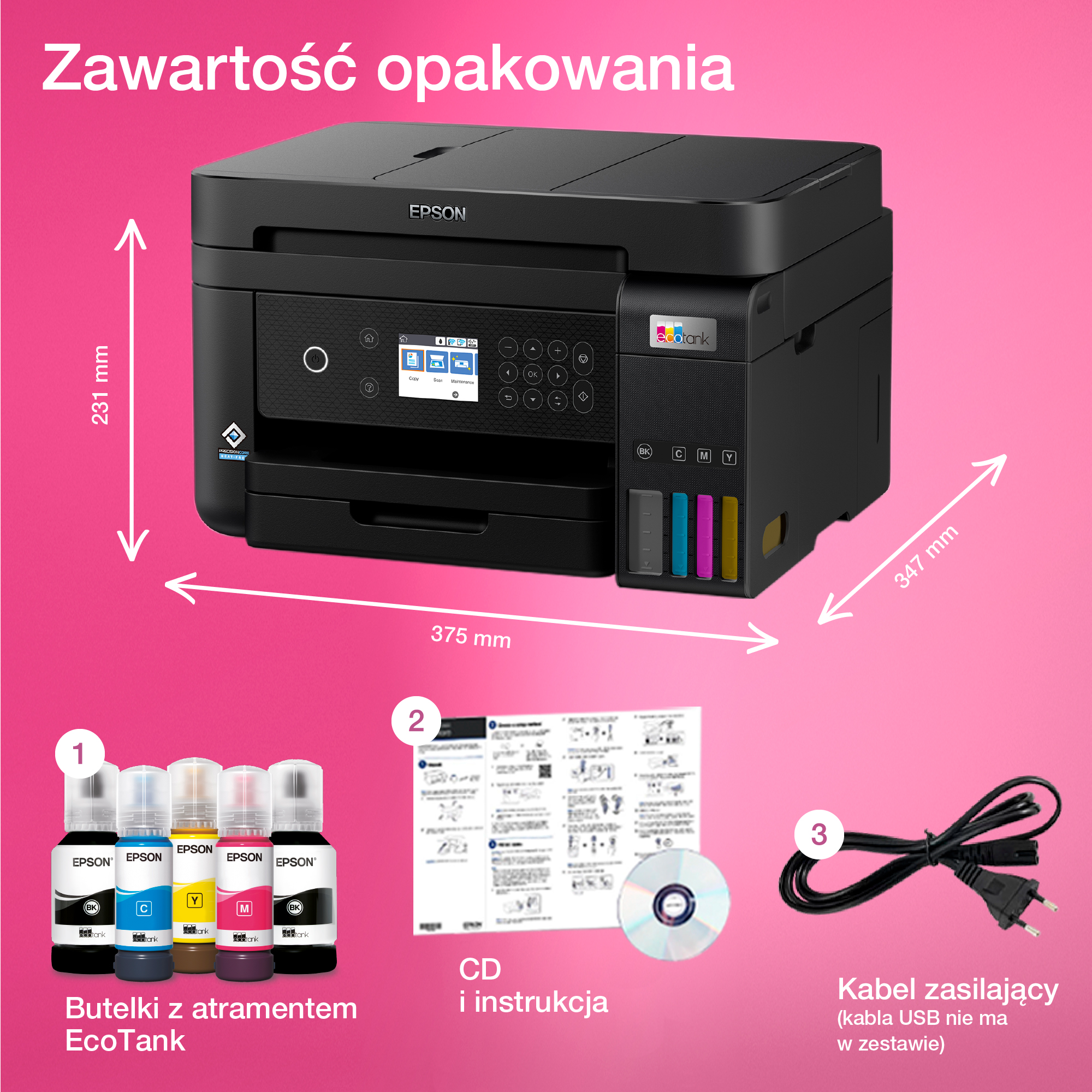 Drukarka Epson z butelkami z tuszem, płytą CD i kablem zasilającym. Wymiary i funkcje oznaczone na opakowaniu.