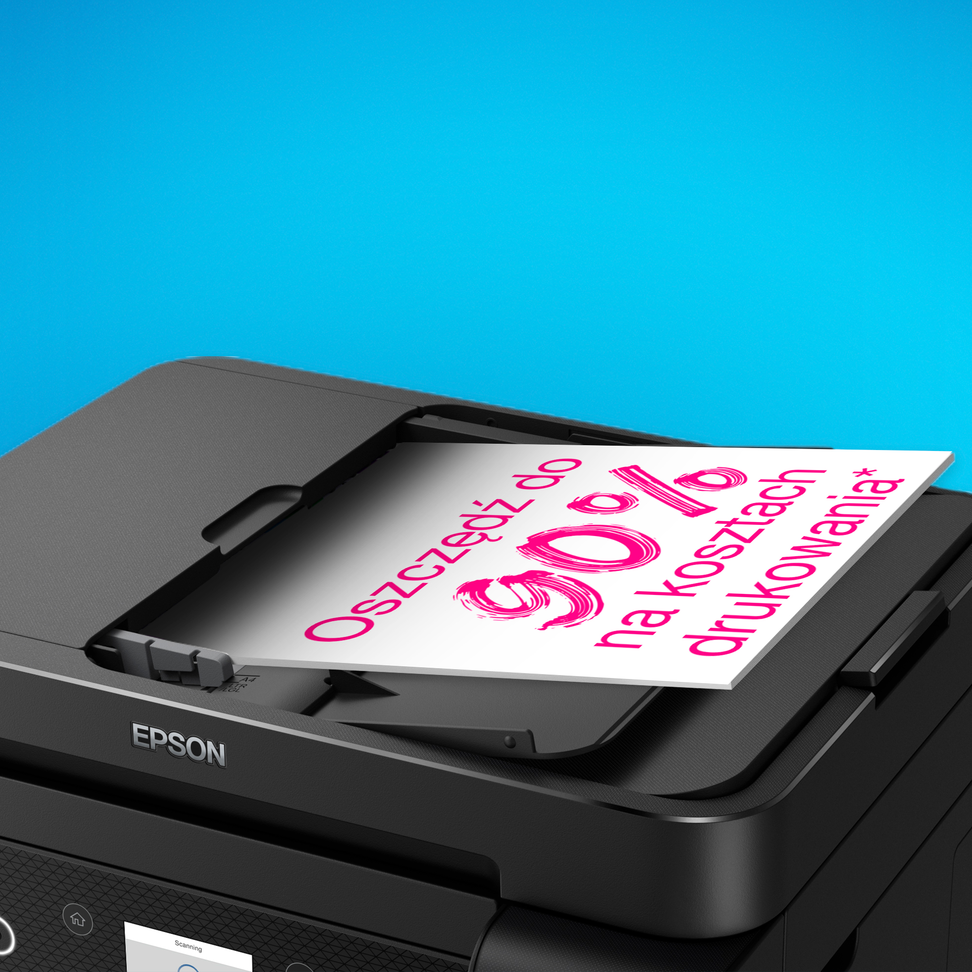 Drukarka Epson z kartką pokazującą 90% zniżki na koszty drukowania.