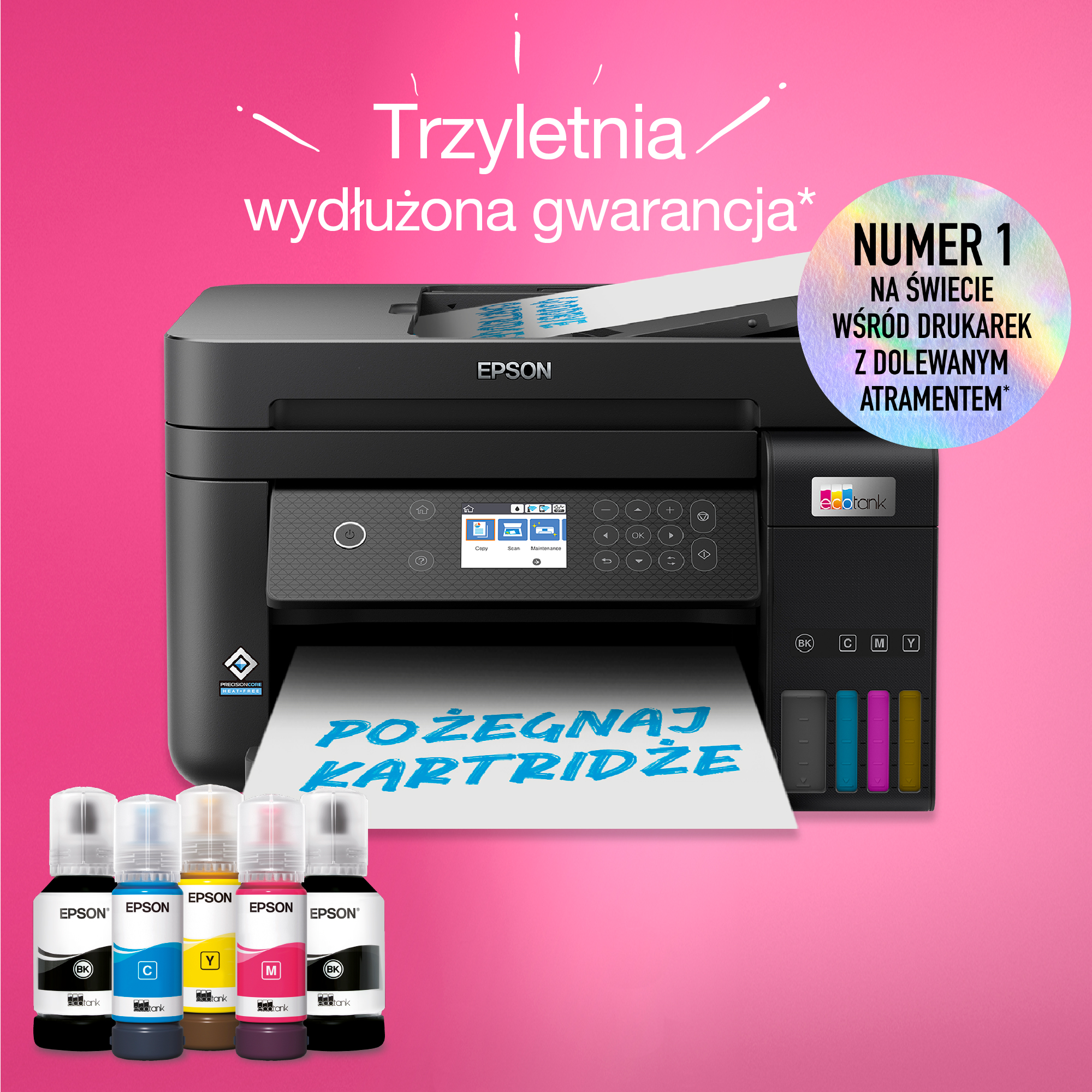 Drukarka Epson z butelkami z tuszem i tekstem promującym trzyletnią gwarancję i tusz.
