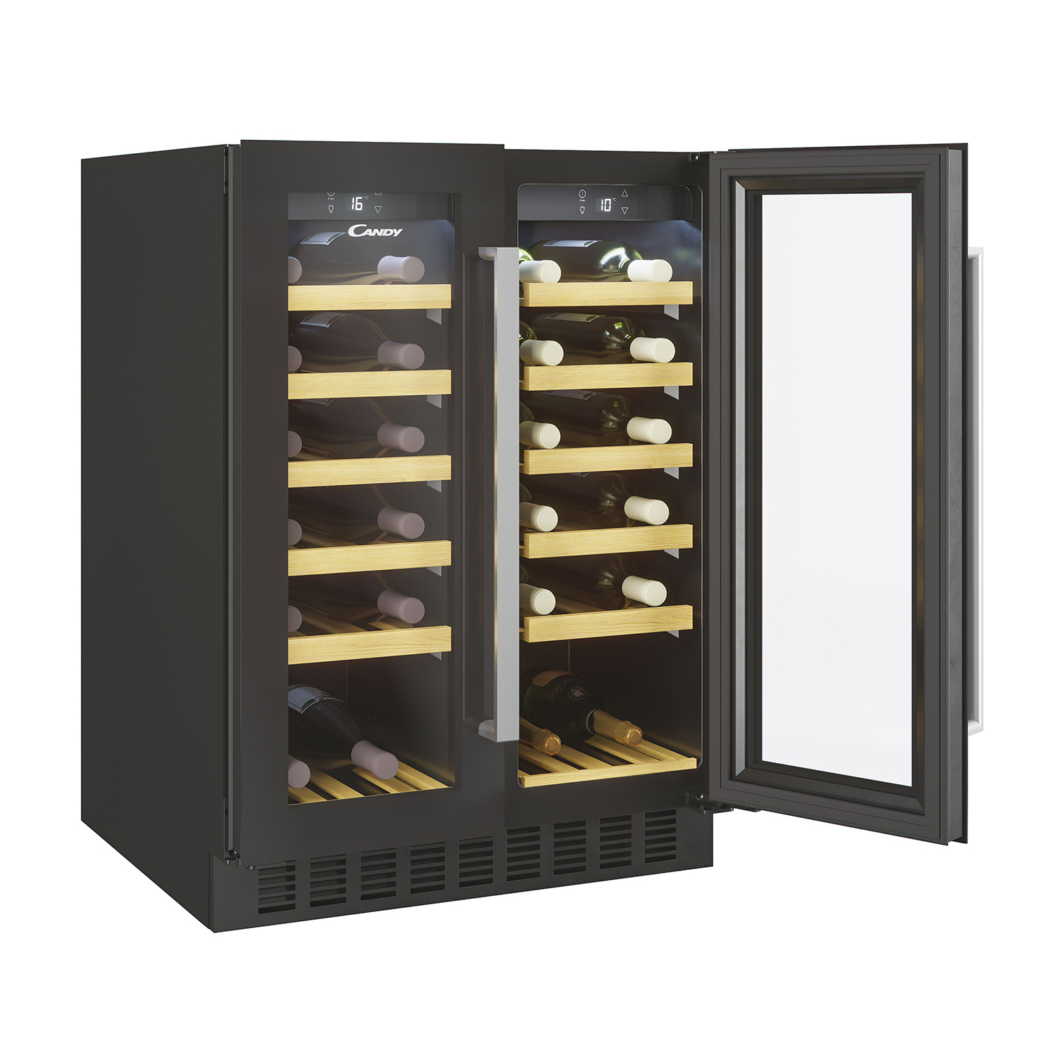 Un frigo per vino nero con due porte in vetro. All'interno, bottiglie di vino su ripiani in legno.
