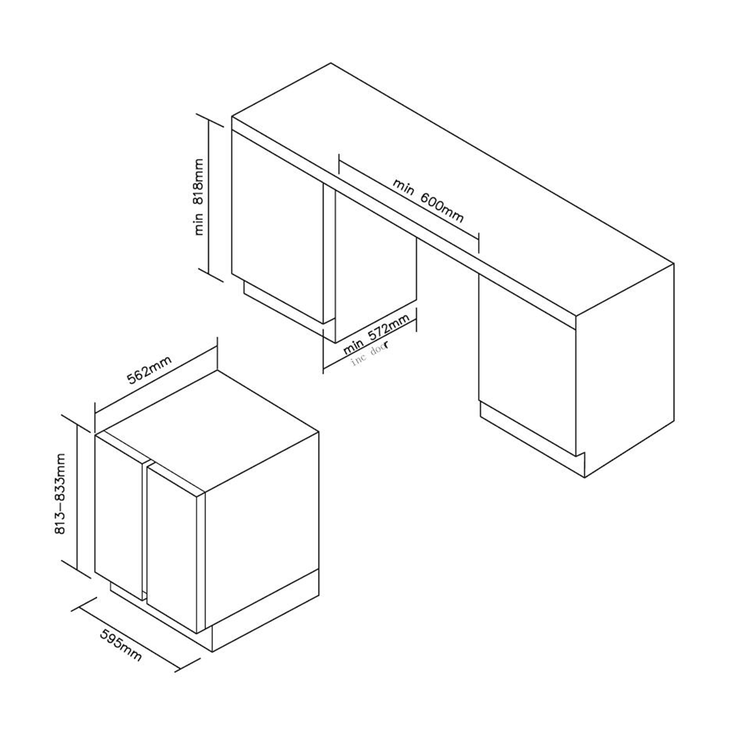 Diagramma di un mobile da cucina con dimensioni.