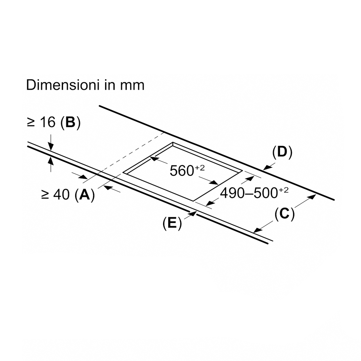 Diagramma con dimensioni per un elettrodomestico da incasso. Mostra altezza, larghezza e profondità in mm.