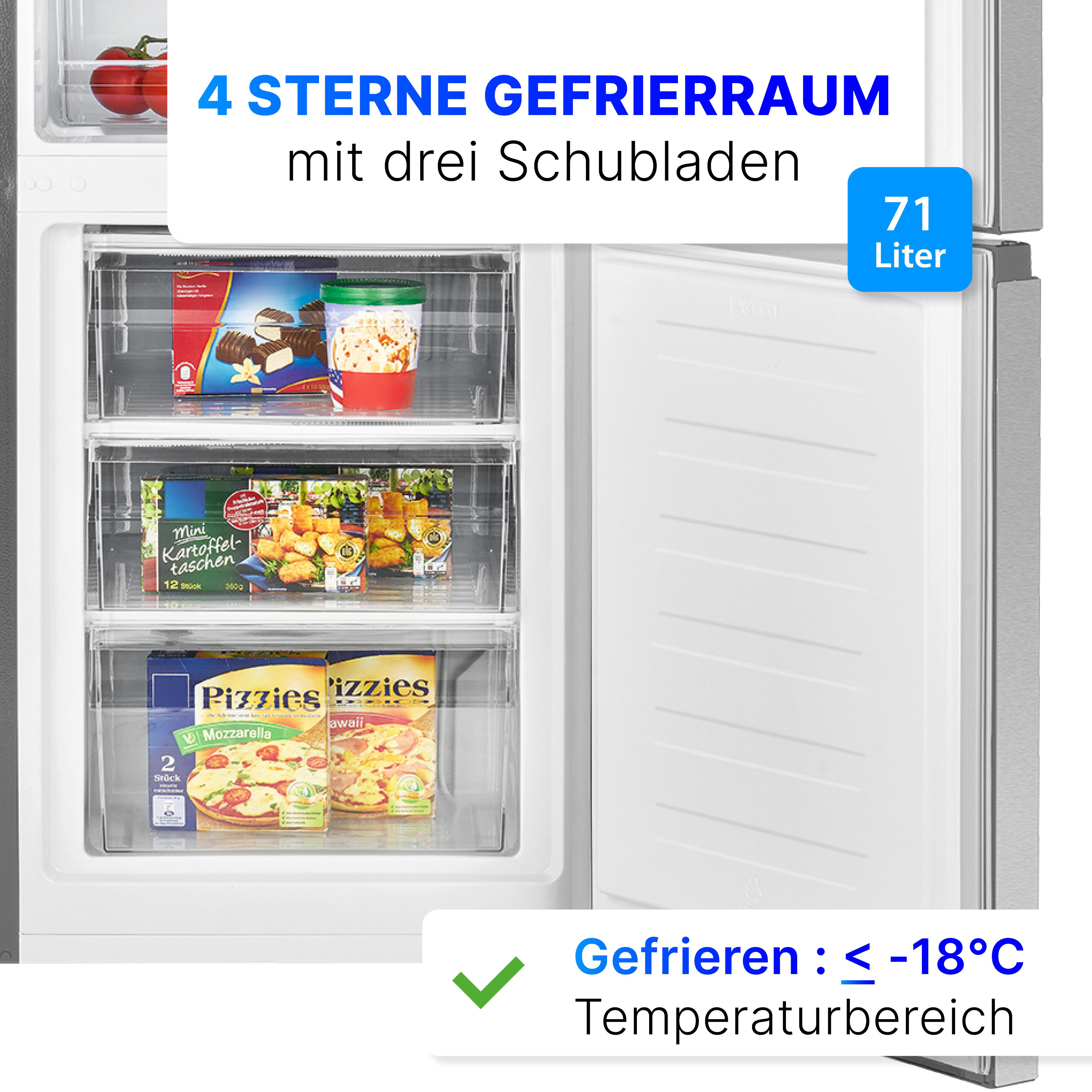 Offener Kühlschrank mit Tiefkühlkost in Schubladen. Enthält Pizza und Gemüse.