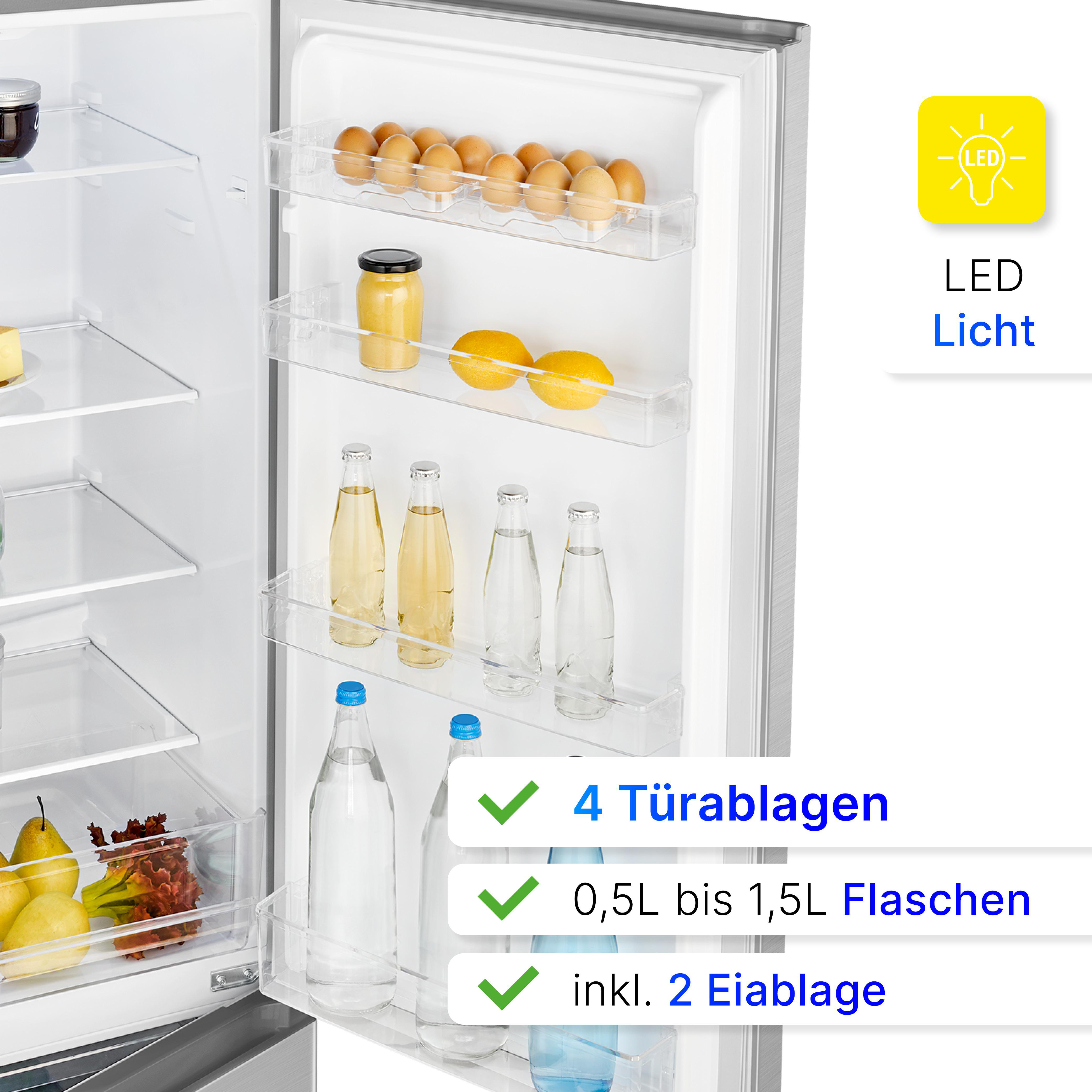 Offener Kühlschrank mit Eiern, Gläsern, Zitronen, Flaschen und Produkten auf den Regalen. Text zeigt 4 Türablagen und 2 Eierbehälter.