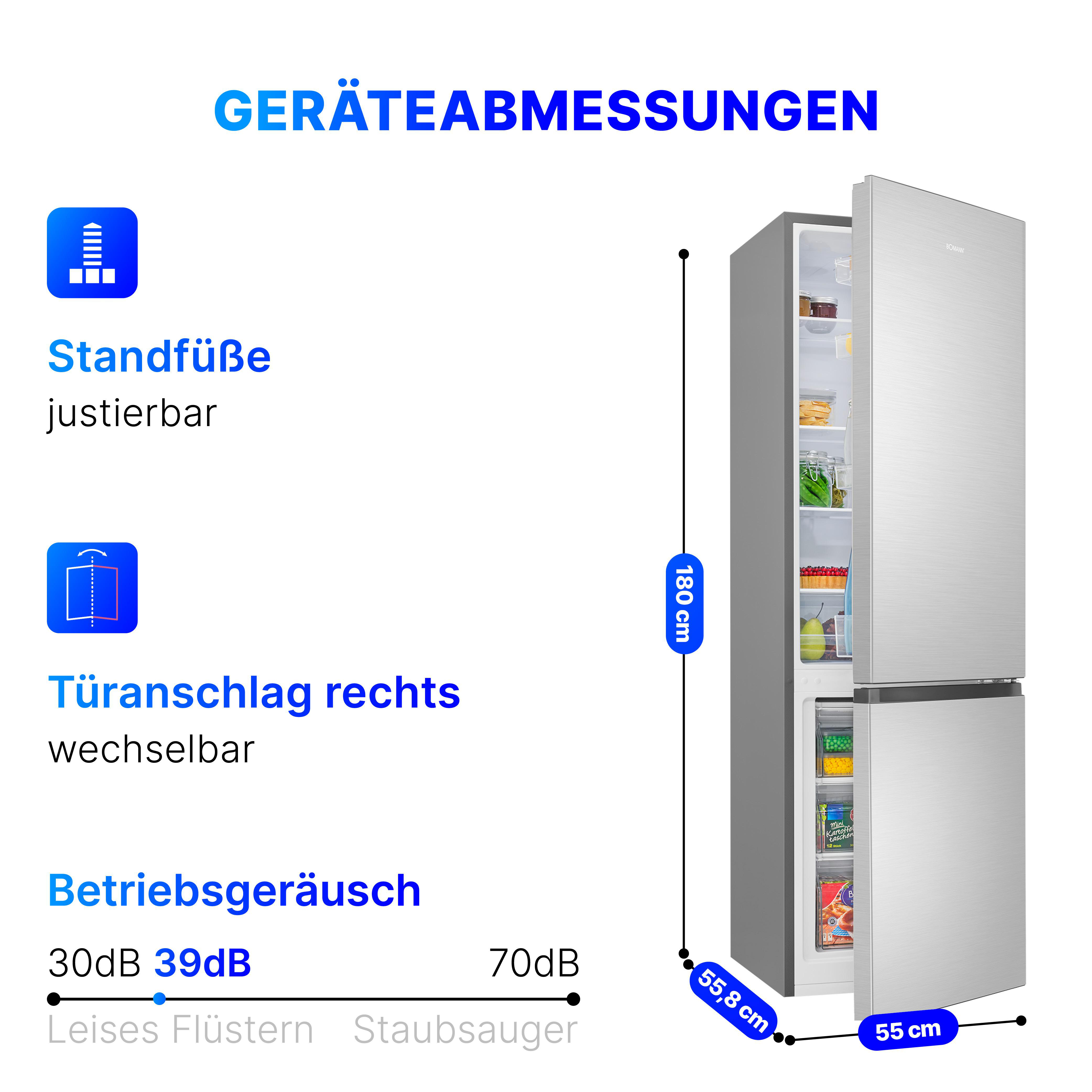 Ein silberner Kühlschrank mit offener Tür, die Regale mit Lebensmitteln zeigt. Text umfasst Maße, Geräuschpegel und verstellbare Füße.