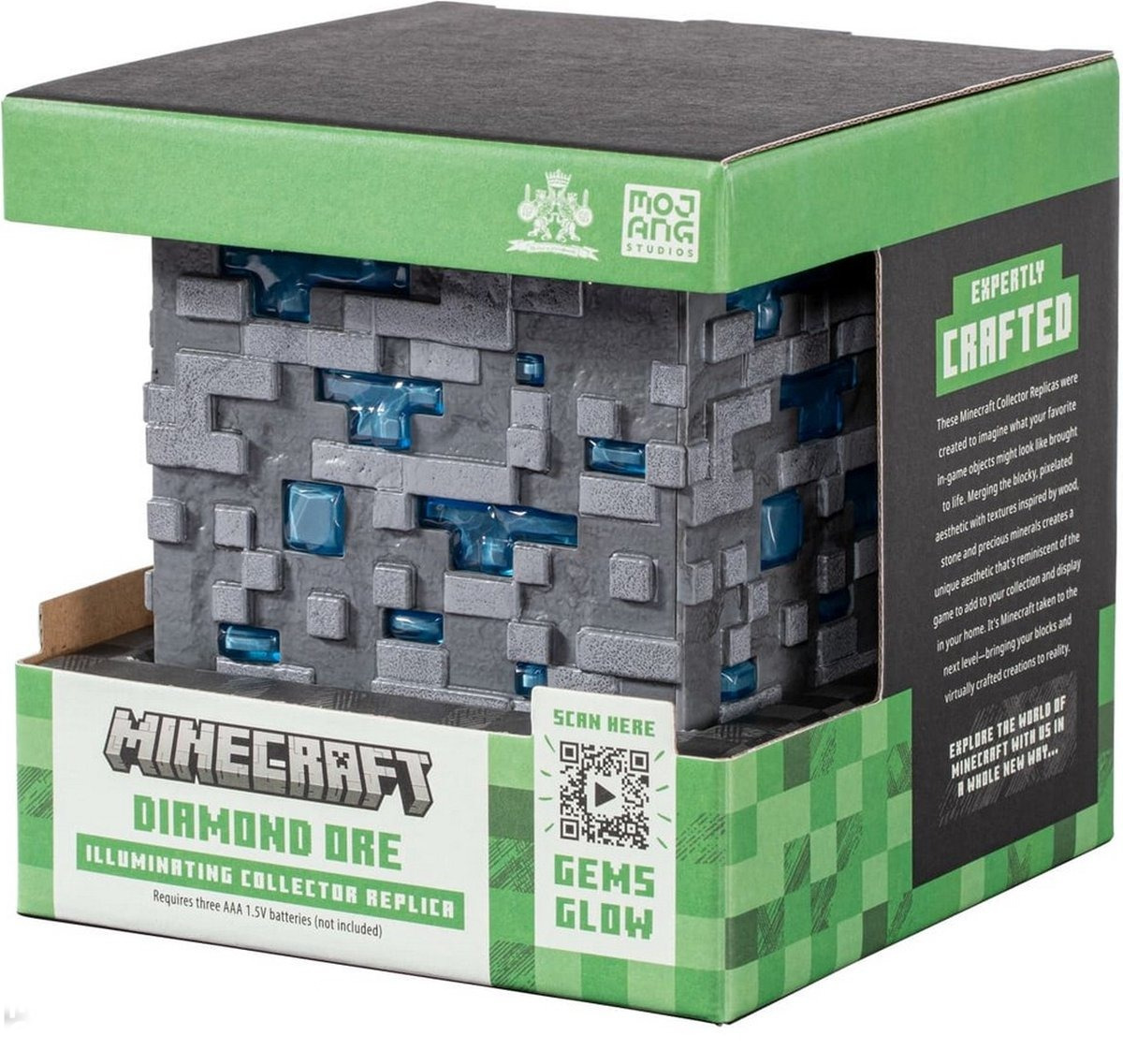 Minecraft Diamond Ore replica in box with text and QR code. Blue gems glow within a grey block.