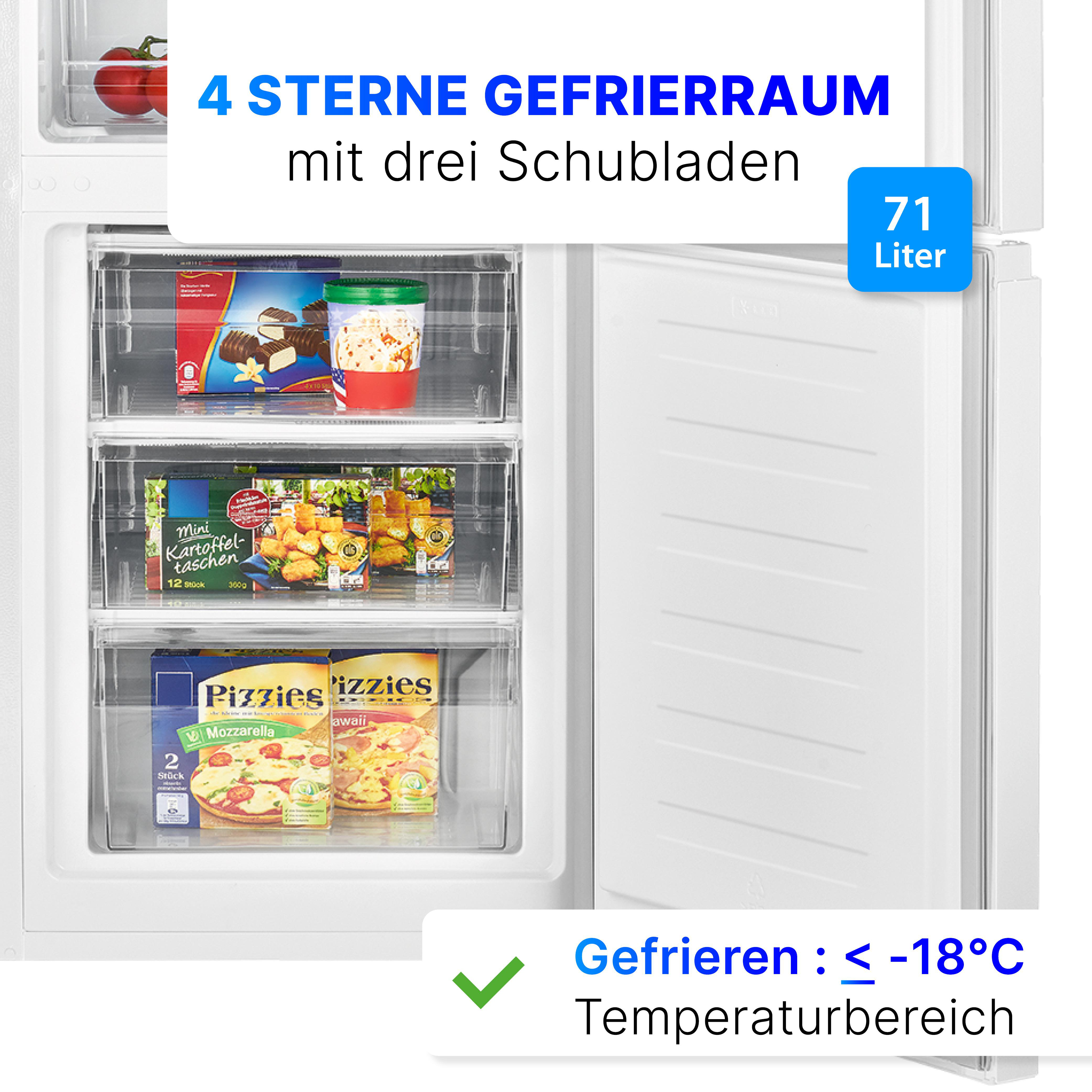 Gefrierfach: drei Schubladen mit Tiefkühlkost, Pizza und Gemüse, offene Tür und ein 71-Liter-Label.
