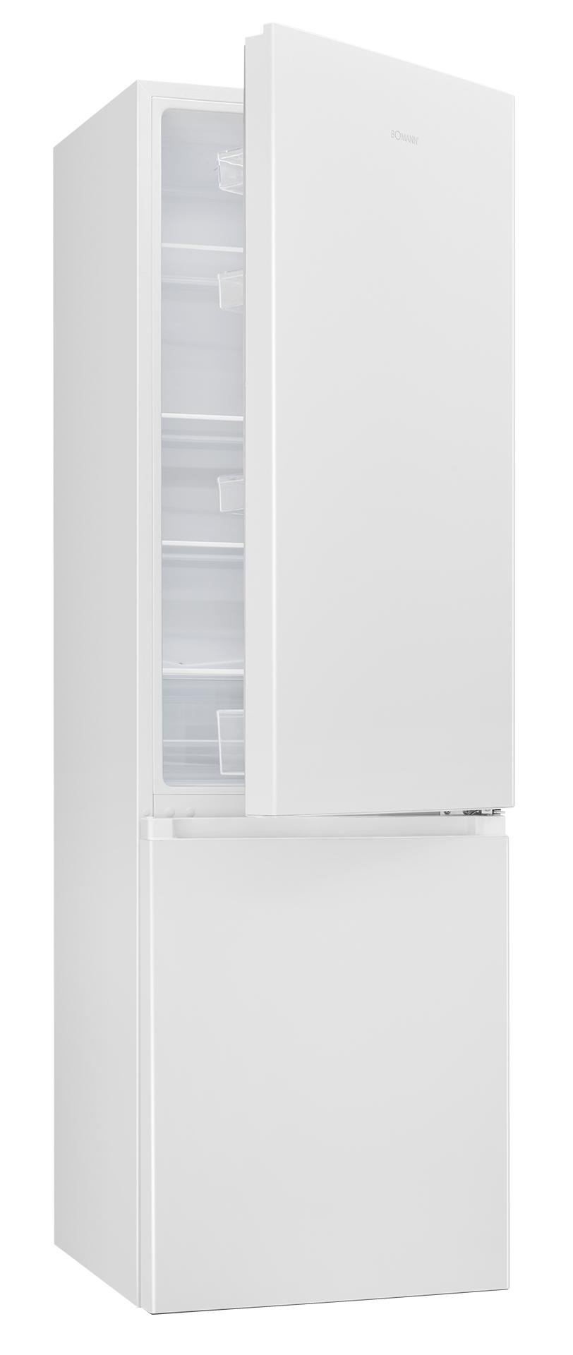 Ein weißer Kühlschrank mit offener Tür, der Regale und Stauraum zeigt.