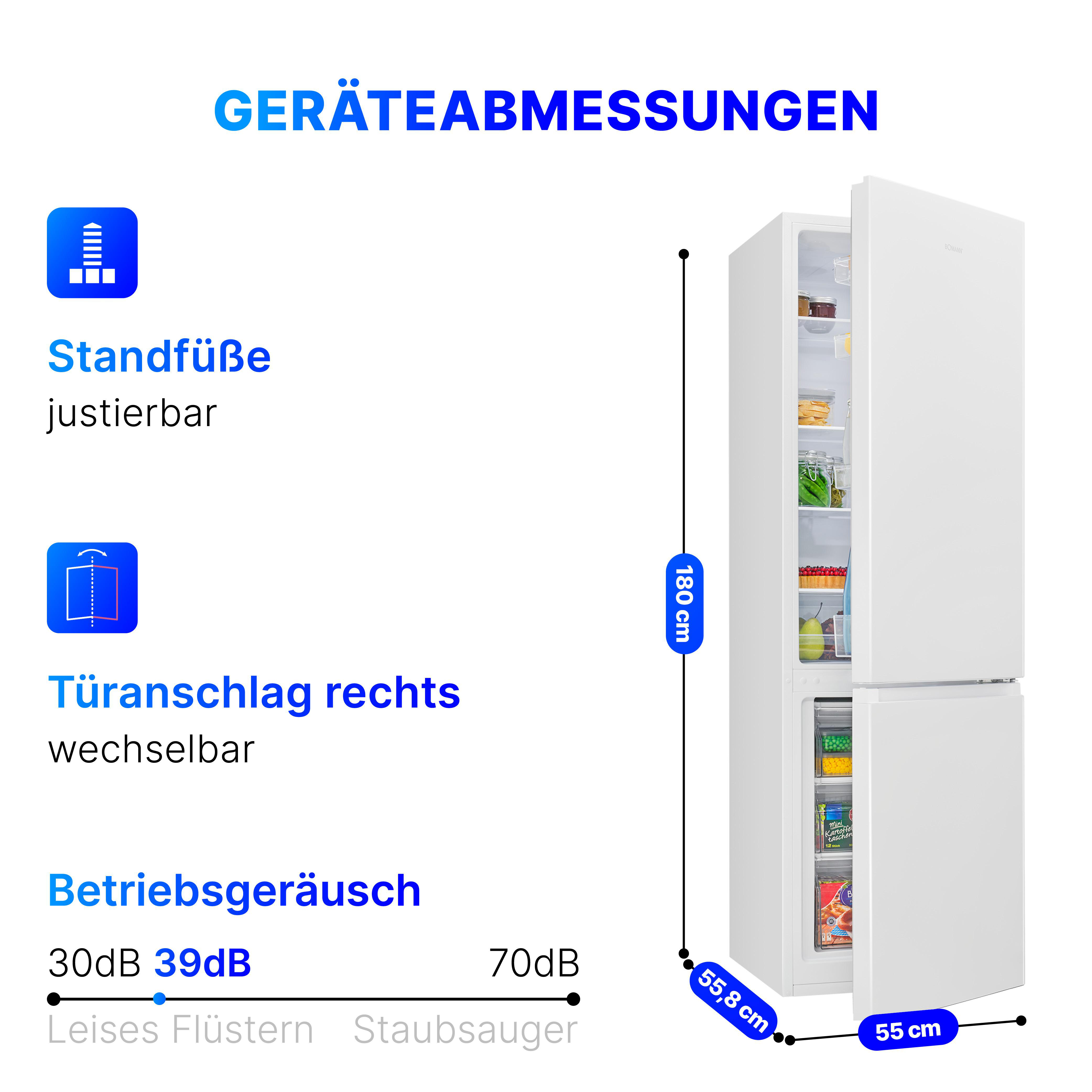 Weißer Kühlschrank mit offener Tür, zeigt Regale. Detaillierte Abmessungen und Funktionen sind angegeben.