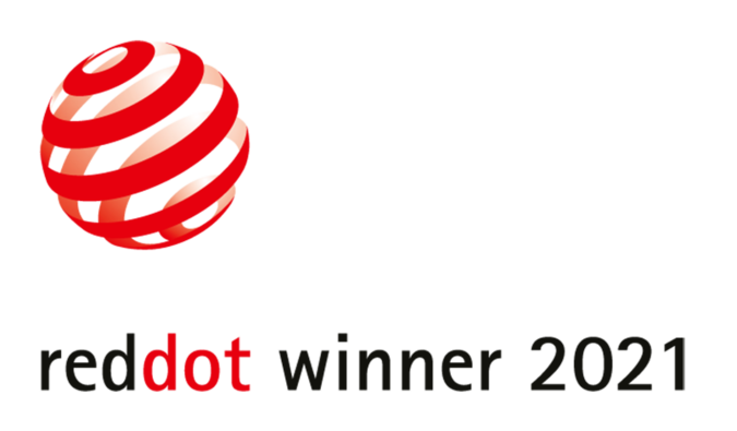 Red Dot Winner 2021 Logo, eine rote Kugel mit weißen Streifen auf Schwarz.