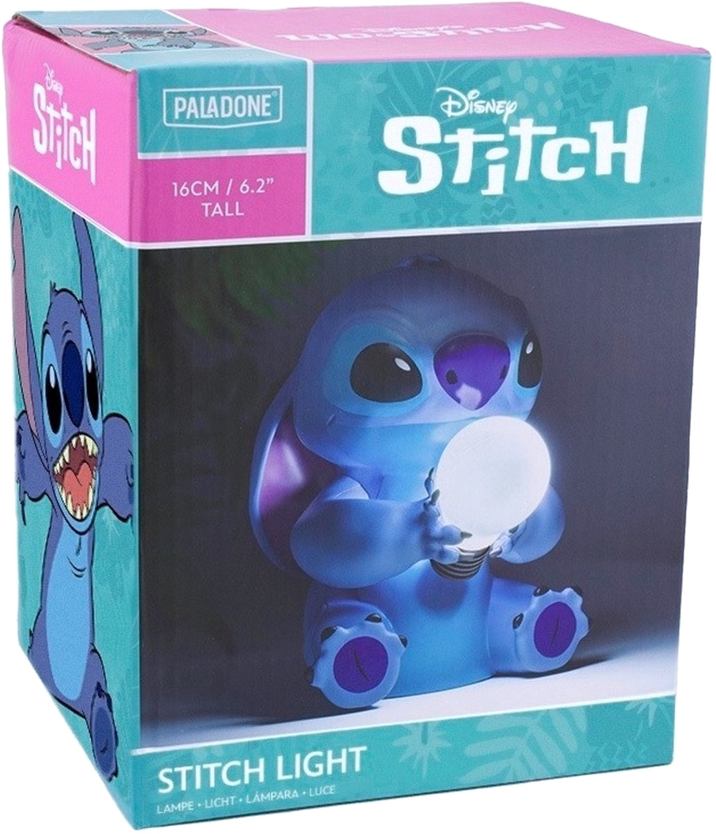 Stitch light on box. Blue figure holding a bulb. Pink and teal box. 6.2 inches tall.