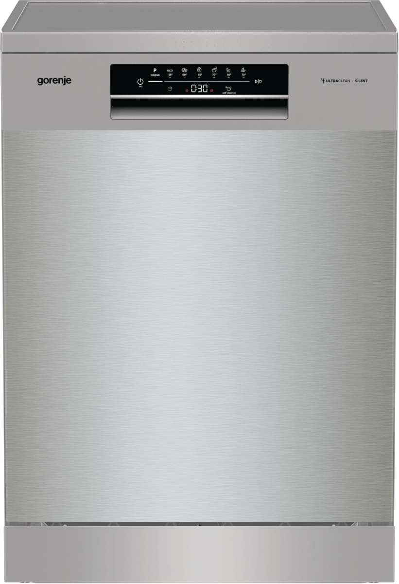 Ezüst Gorenje mosogatógép. A vezérlőpanel időzítőt és különböző programikonokat jelenít meg.