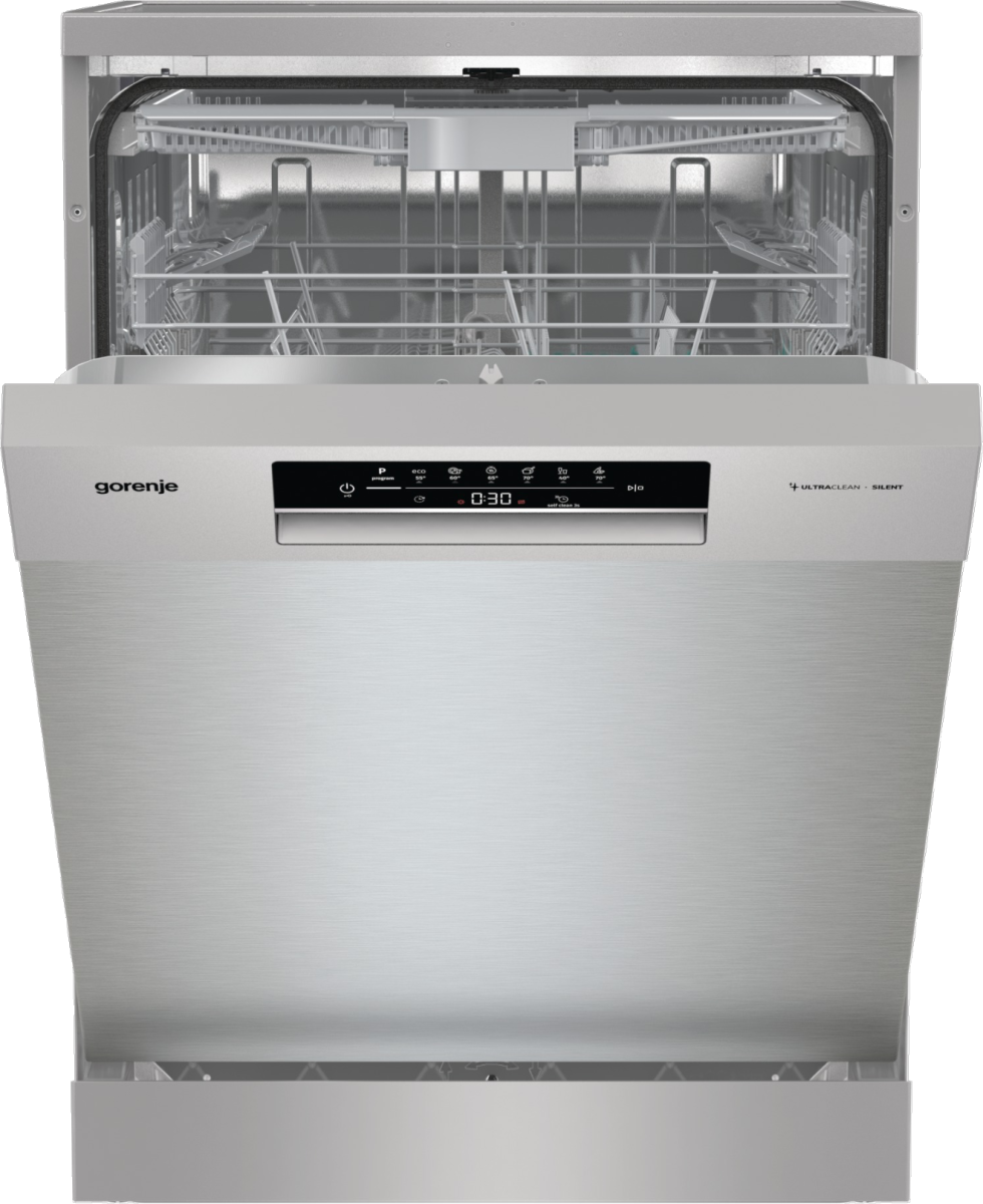 Gorenje mosogatógép nyitott ajtóval, rozsdamentes acél kivitelben, sötét háttér előtt.