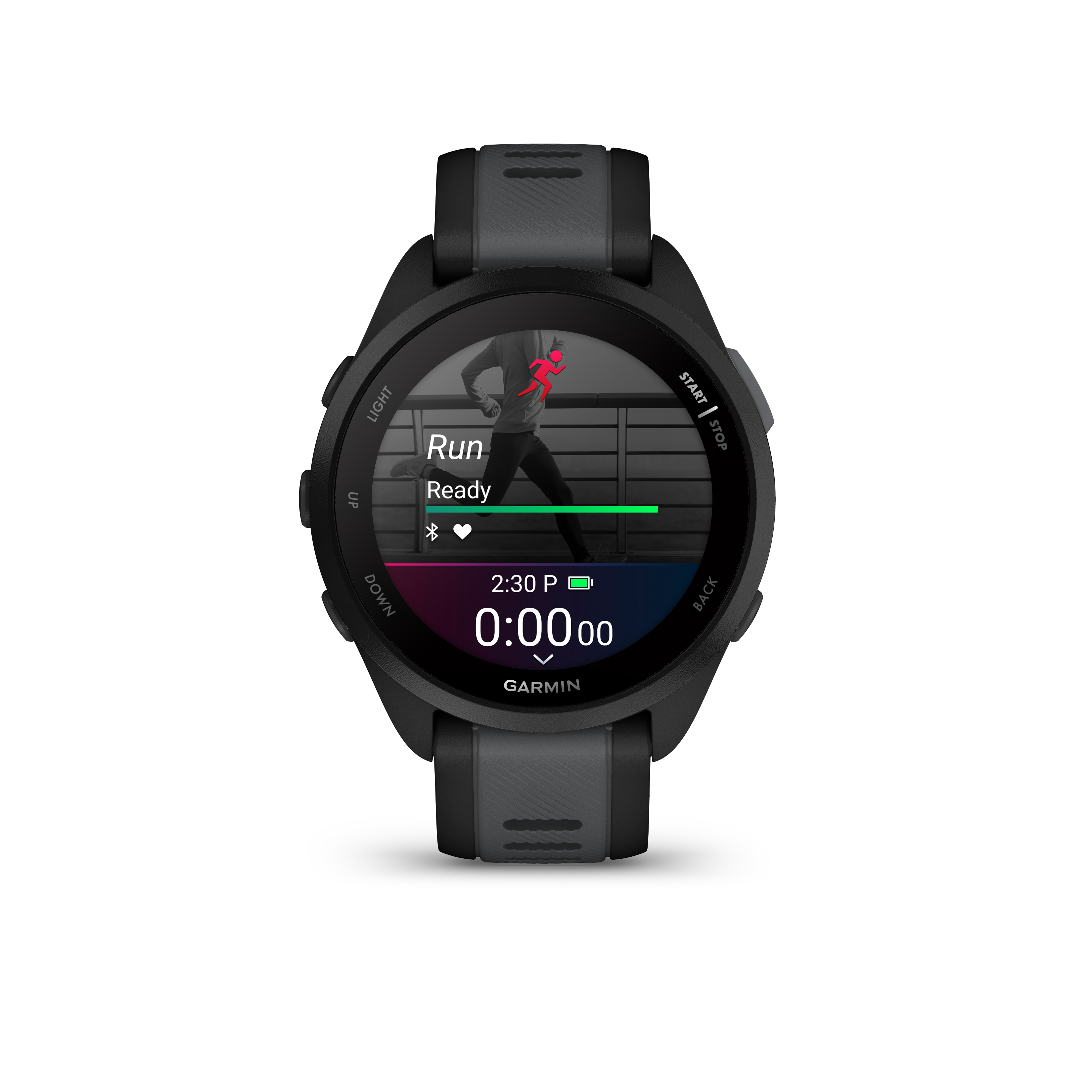 Eine schwarze Garmin Smartwatch mit Running-Oberfläche, die Zeit und Statistiken anzeigt.