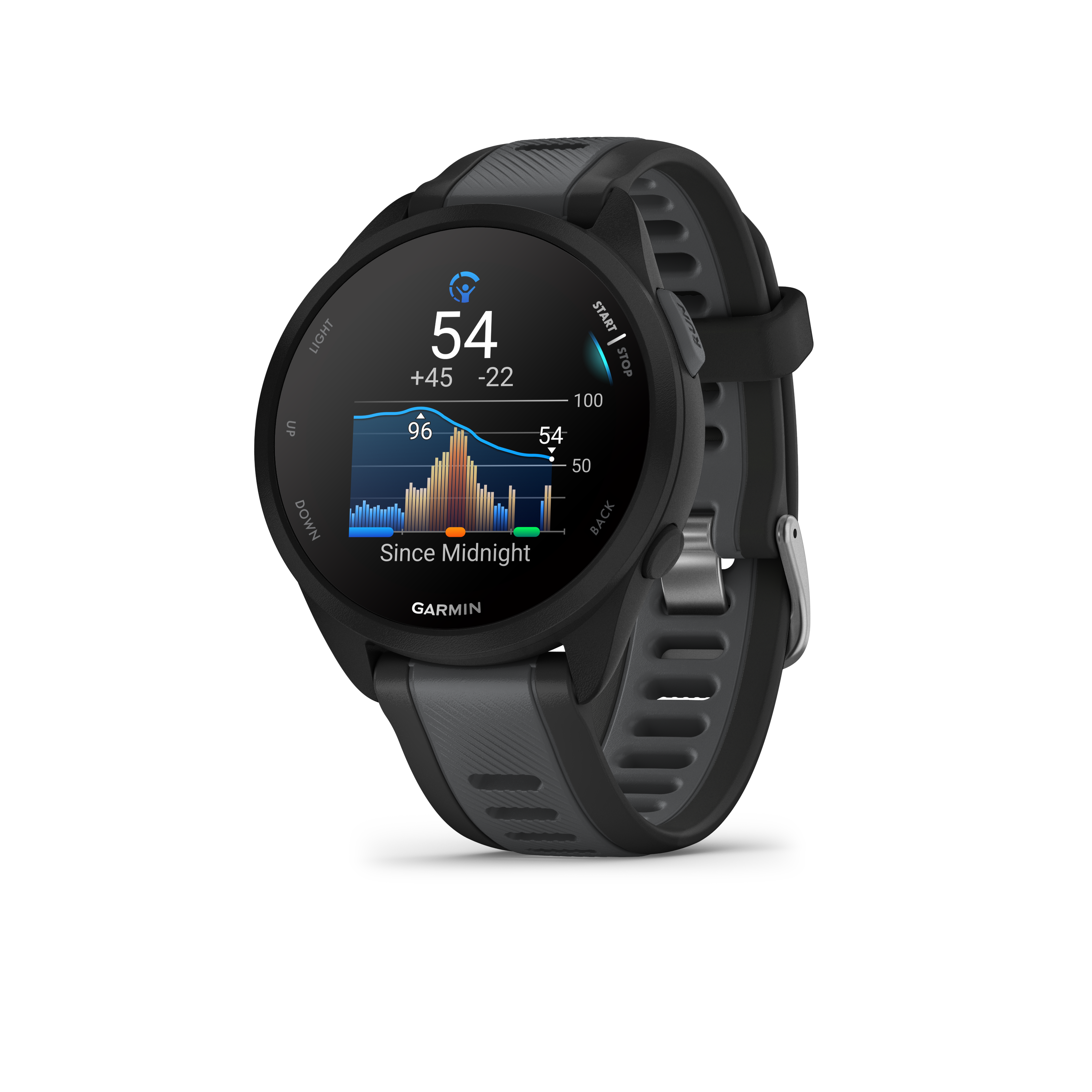 Eine schwarze Garmin Smartwatch zeigt Statistiken an, mit Grafiken und Zahlen auf dem Bildschirm.