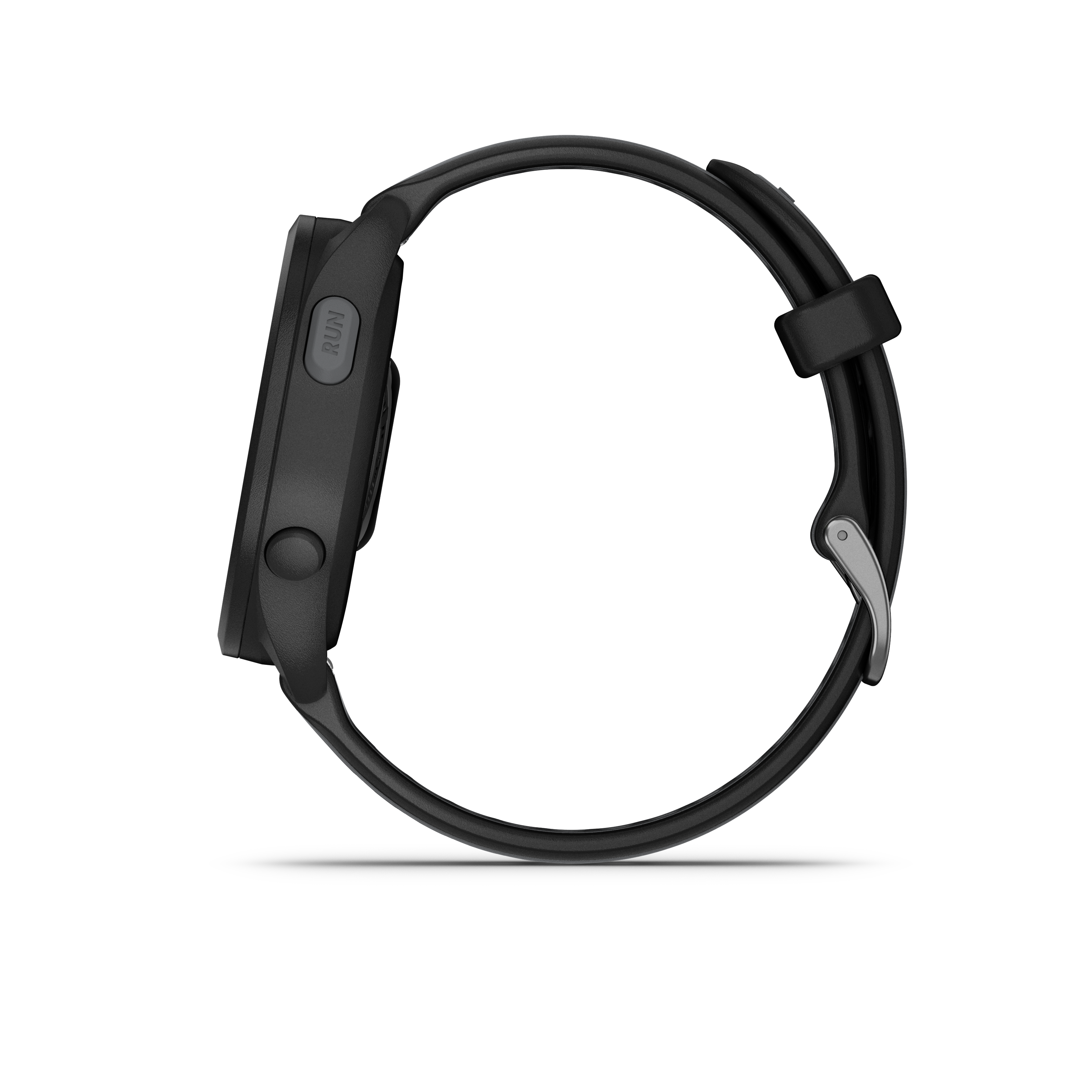 Schwarze Smartwatch auf schwarzem Hintergrund, Seitenansicht, mit einer Run-Taste.