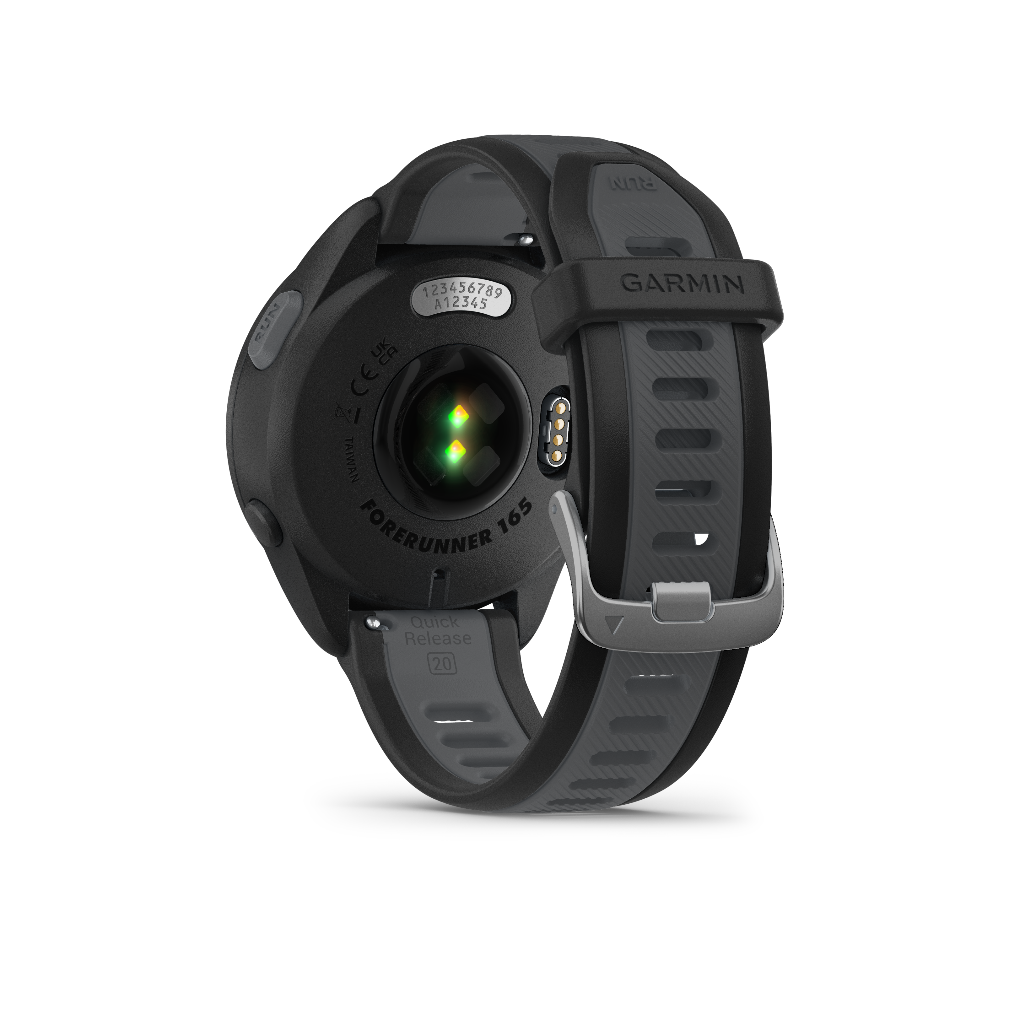 Rückansicht einer schwarzen Smartwatch mit grauem Armband, Garmin-Logo und Herzfrequenzsensor.