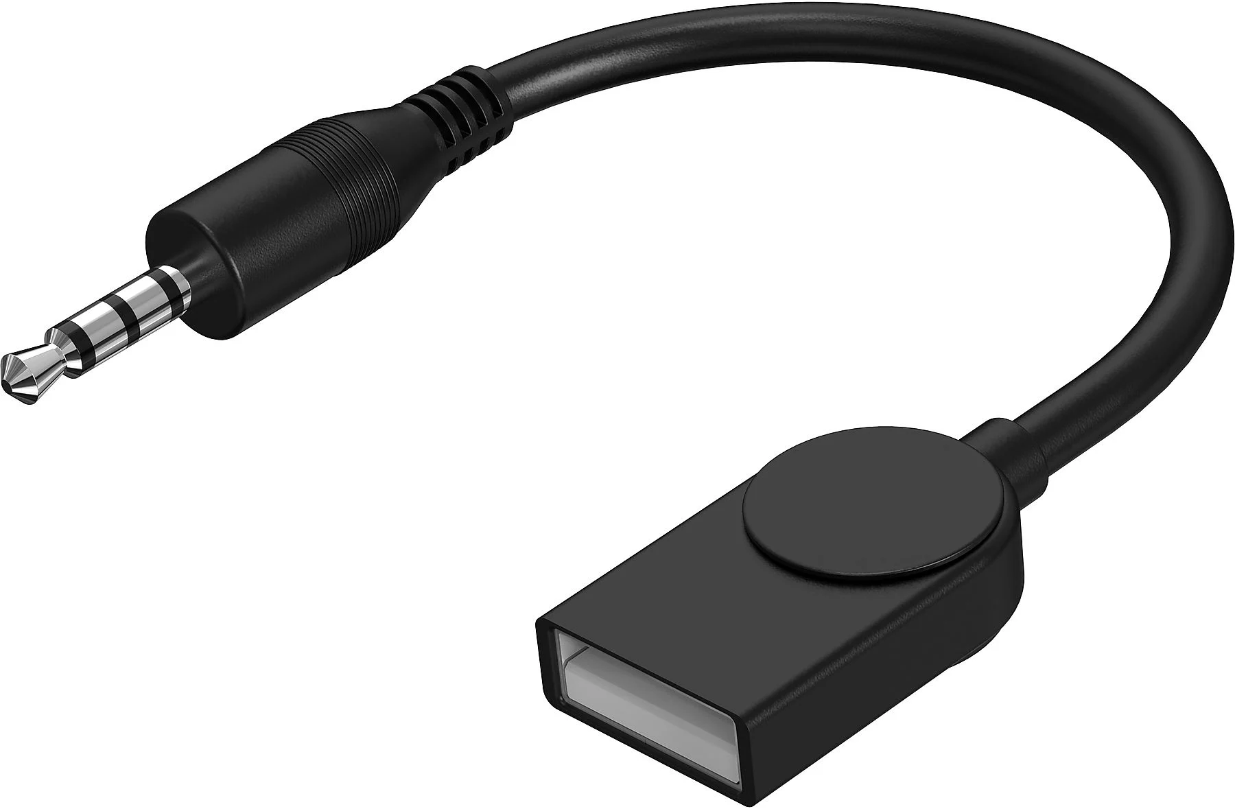 Schwarzes USB-auf-3,5-mm-Audioadapterkabel. USB rechts, 3,5 mm links.