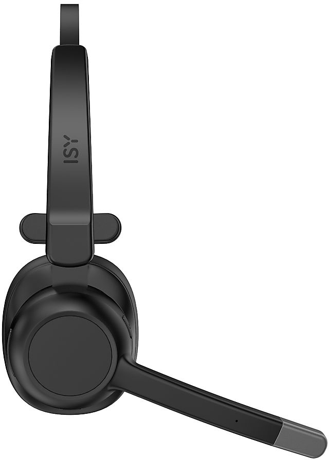 Schwarzes Headset mit Mikrofon rechts. Das Headset ist auf weißem Hintergrund.