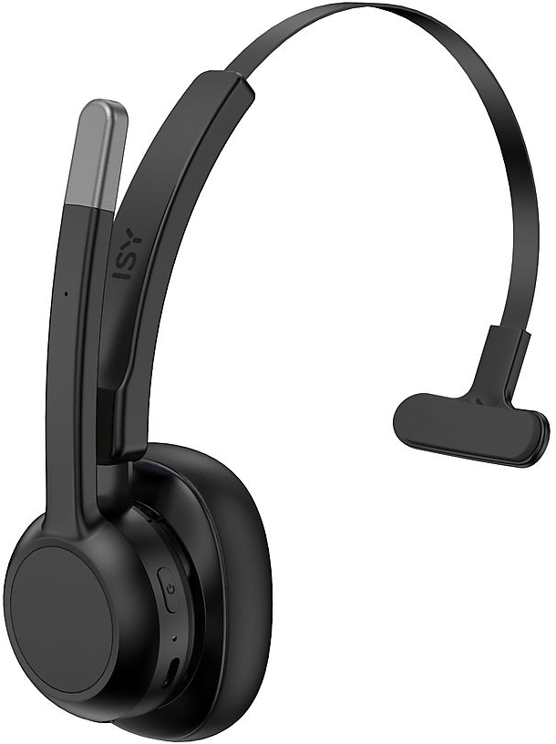 Schwarzes ISY-Headset mit Mikrofon. Das Headset befindet sich auf weißem Hintergrund.
