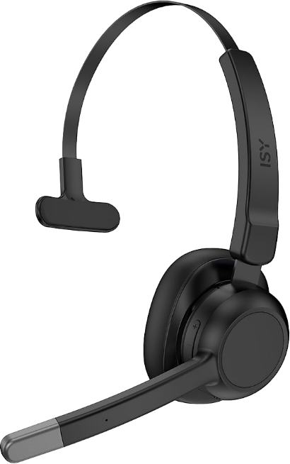Schwarzes ISY Headset mit Mikrofon. Es hat ein geschwungenes Design mit schwarzem Hintergrund.