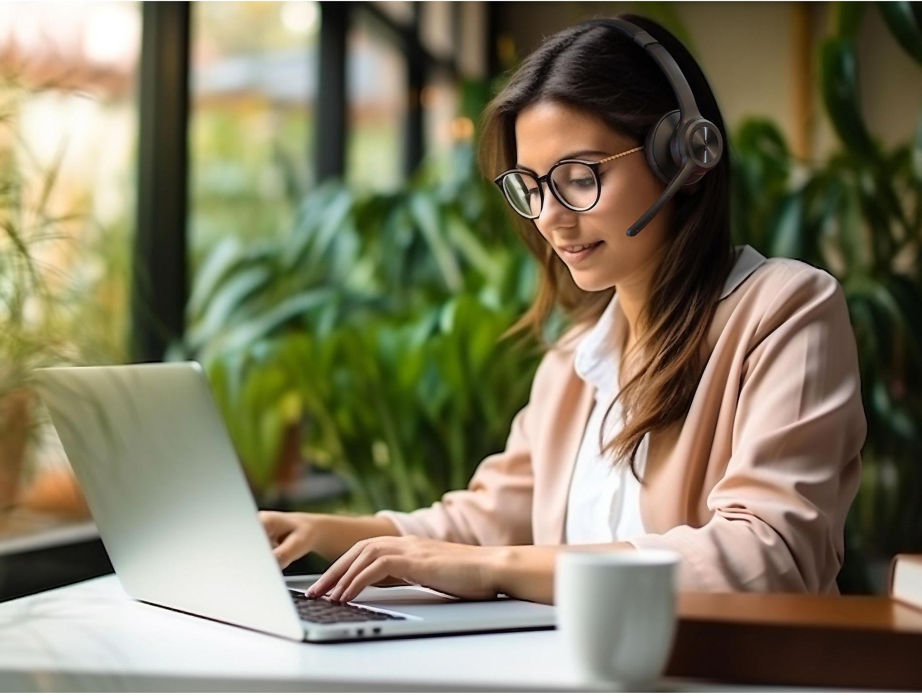 Frau mit Brille, die einen Laptop benutzt, ein Headset trägt und an einem Tisch sitzt.