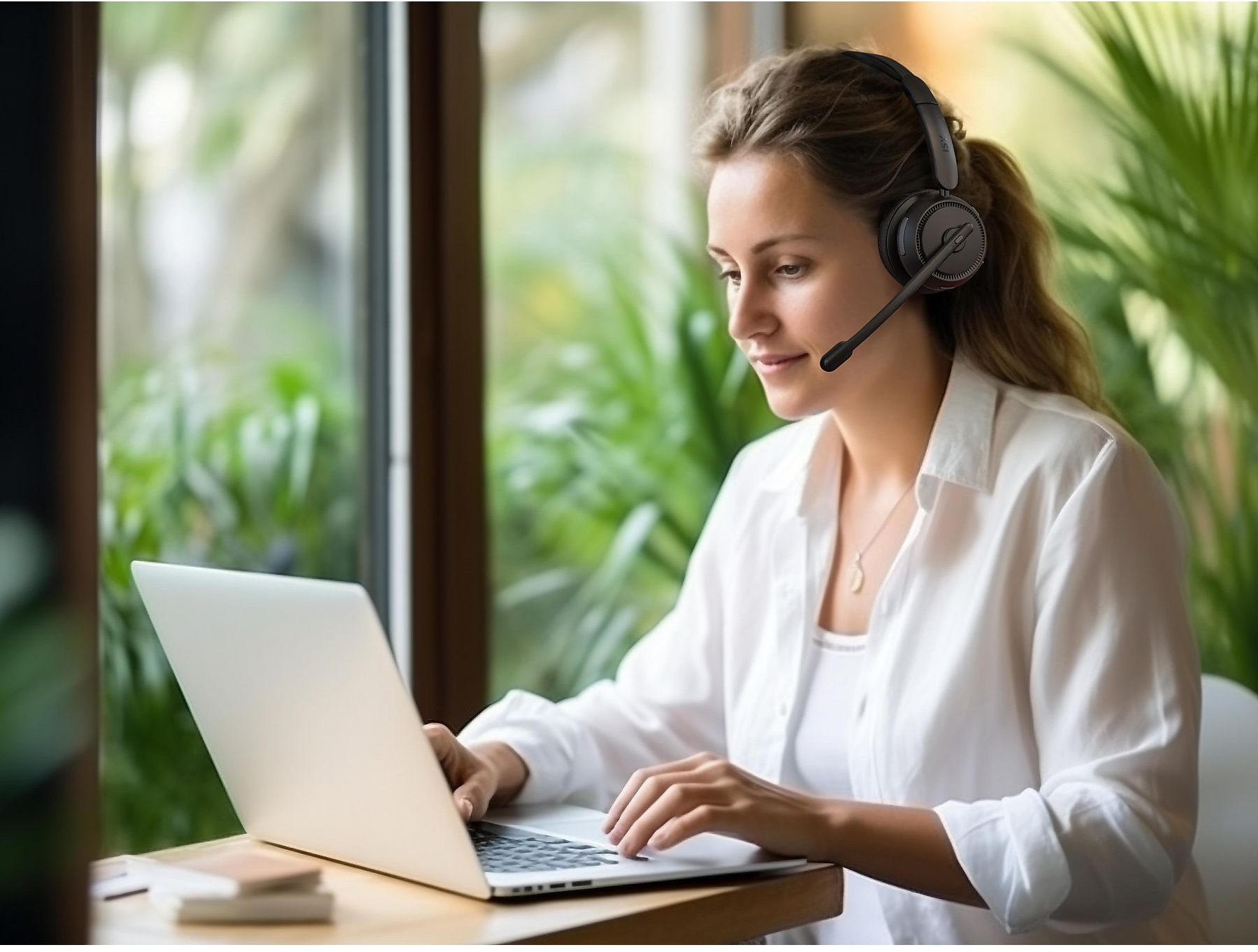 Frau mit Headset benutzt Laptop am Fenster.