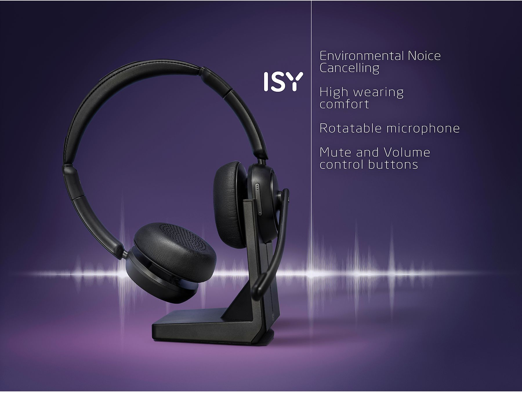 Schwarzes Headset auf einem Ständer, lila Hintergrund.