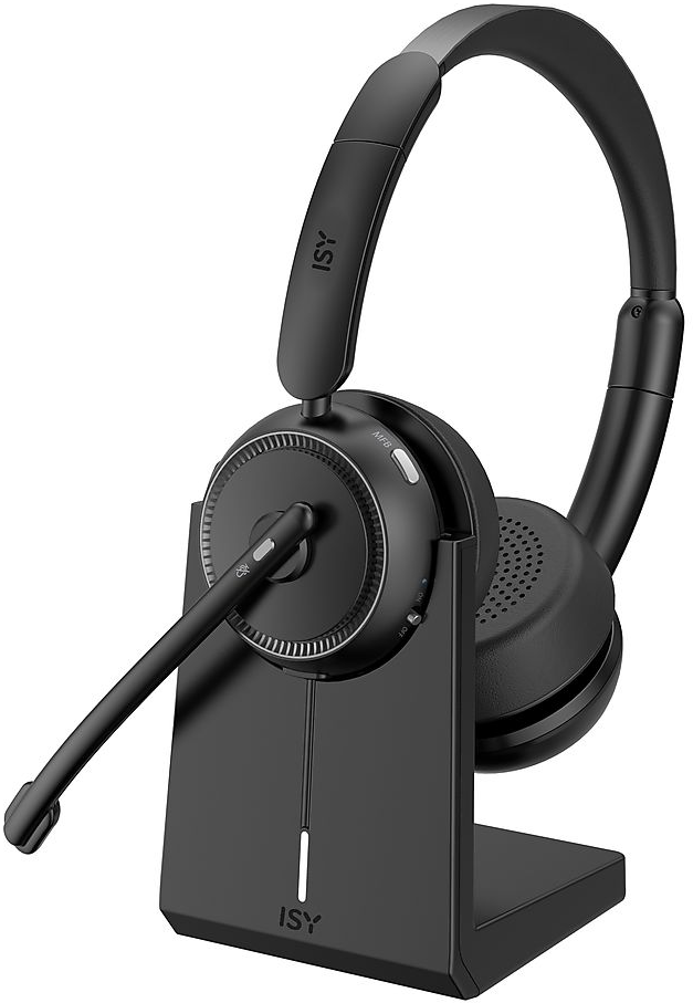Schwarzes Headset auf schwarzem Ständer.