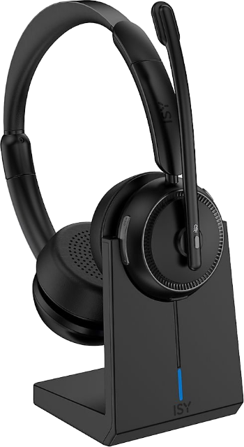 Schwarzes kabelloses Headset und Basis. Der Hintergrund ist schwarz.