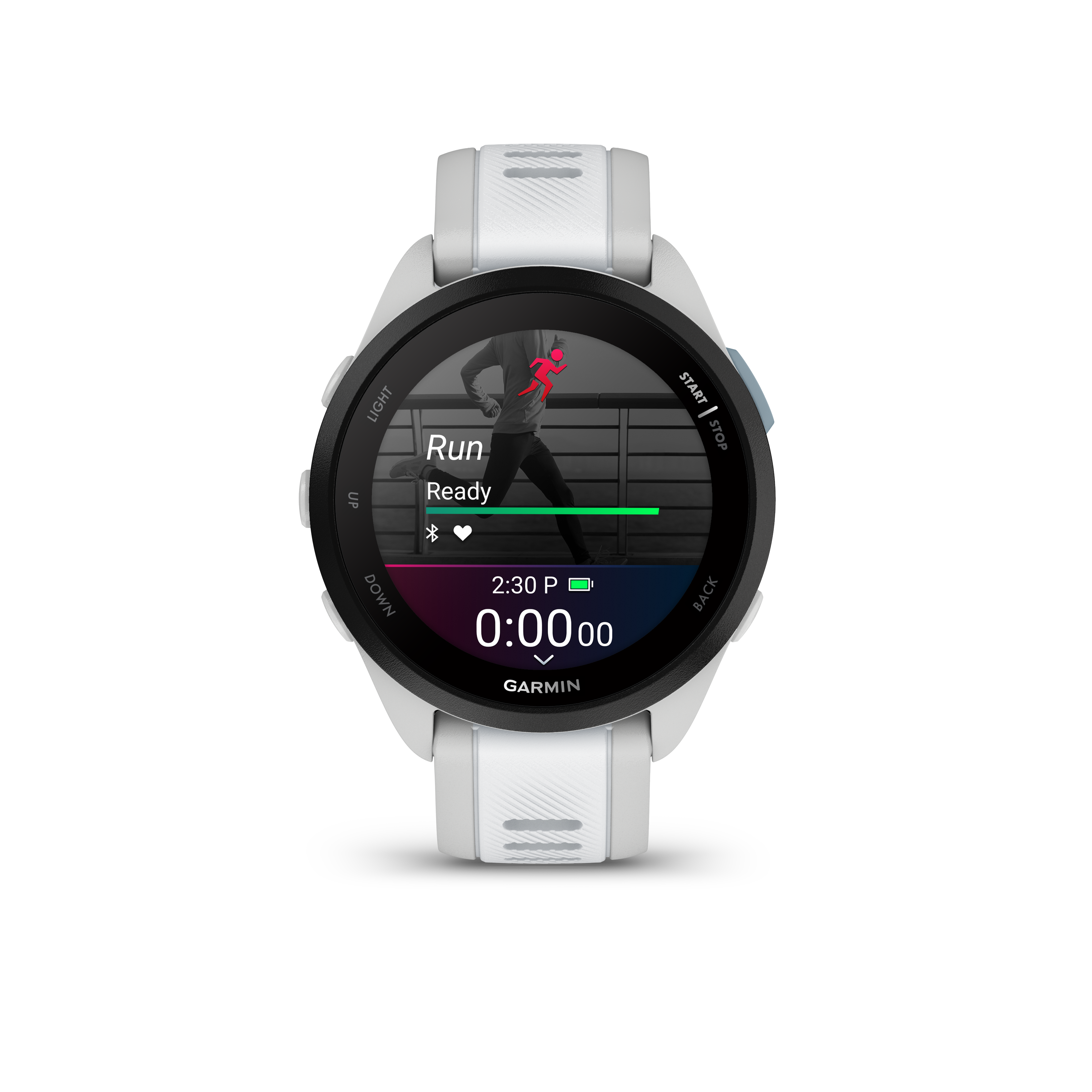 Eine weiße Garmin Smartwatch zeigt eine Laufaktivität mit einer Bereitschaftsanzeige.