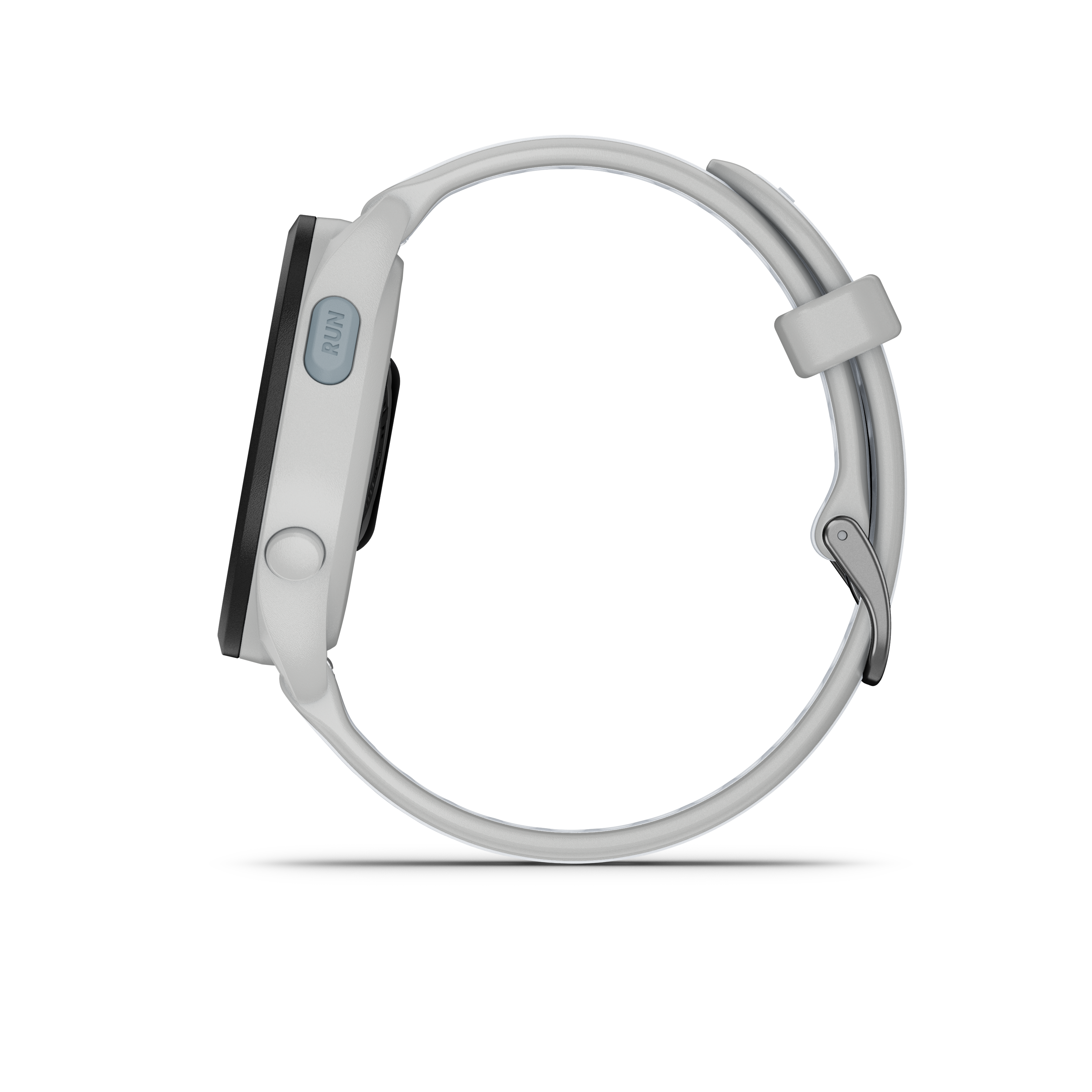 Seitenansicht einer weißen Smartwatch mit blauem Knopf und schwarzem Bildschirm.
