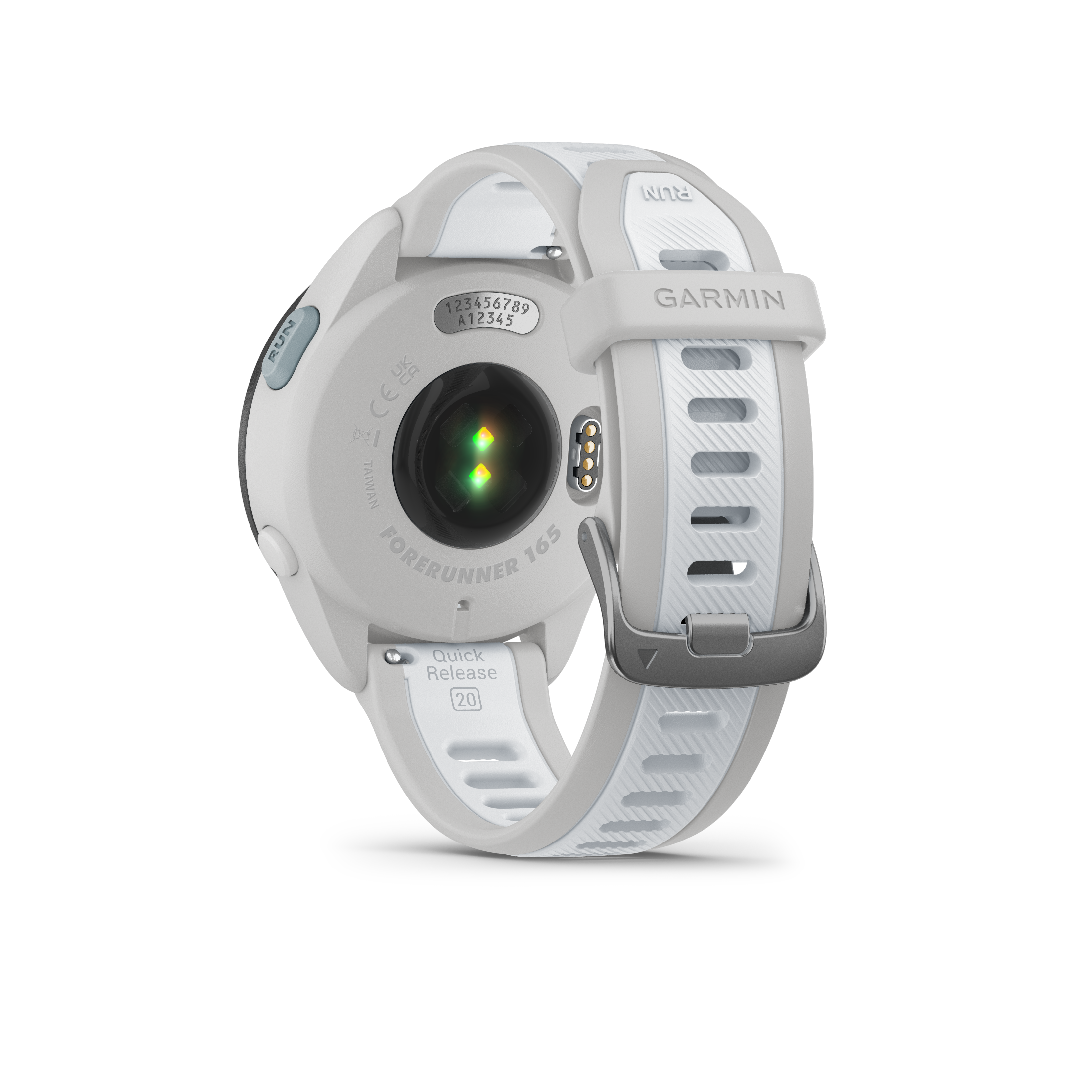 Weiße und graue Garmin Forerunner 165 Uhr, Rückansicht, mit Armbanddetails.