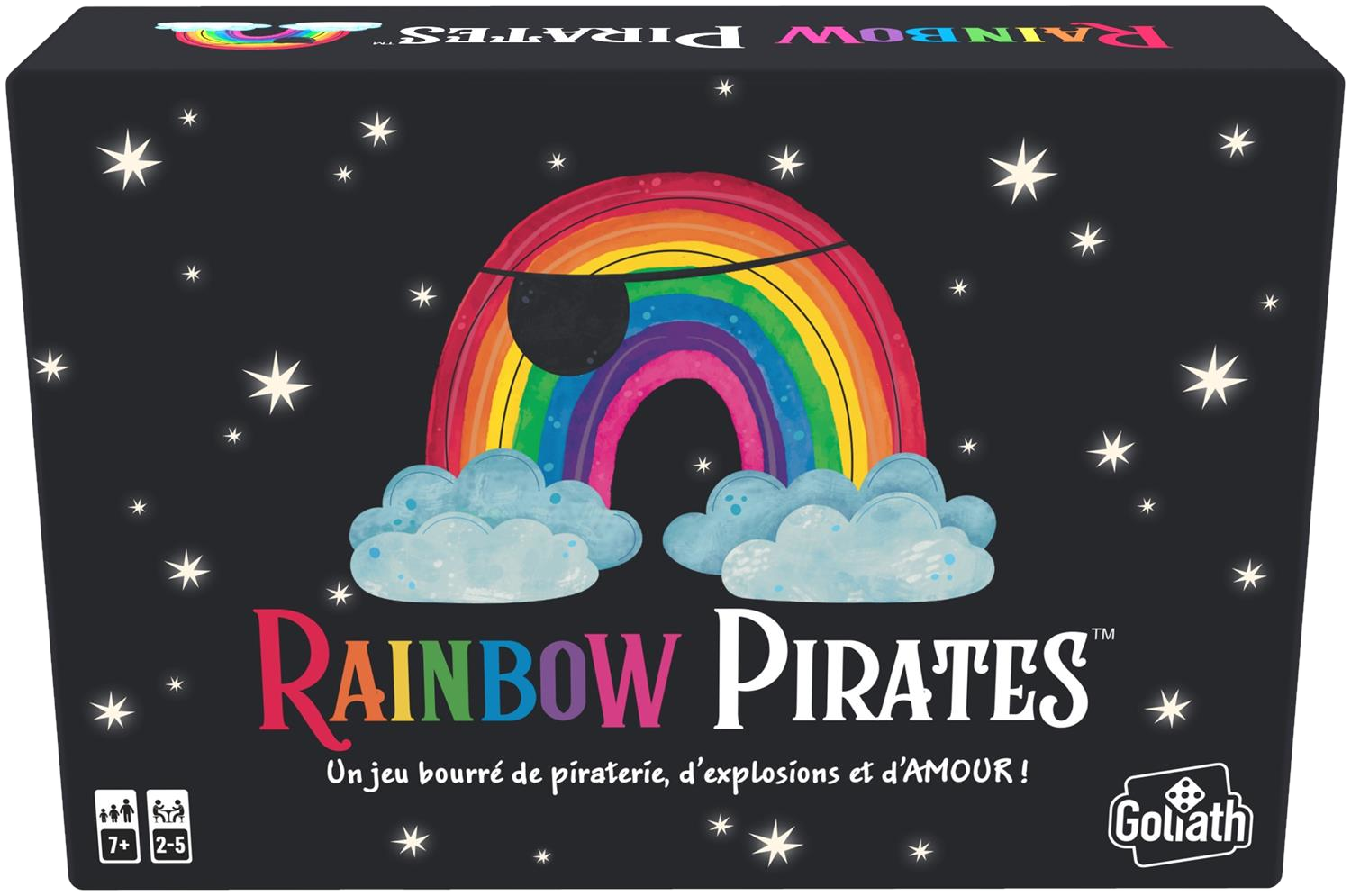 Boîte de jeu noire pour "Rainbow Pirates". Elle présente un arc-en-ciel, des pirates et des étoiles sur fond sombre.
