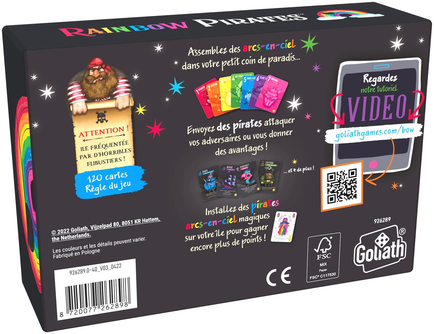 Le dos d'une boîte de jeu de société Rainbow Pirates, montrant le contenu, les images et le texte du jeu.