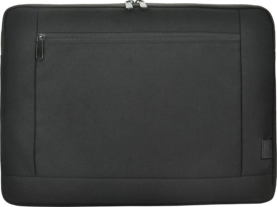 Schwarze Laptoptasche mit Reißverschluss und kleinem Logo.