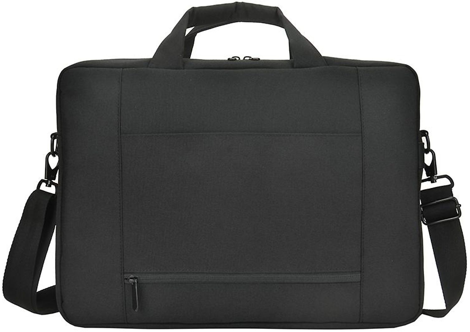 Schwarze Laptoptasche mit Griff und Schultergurt. Vordere Reißverschlusstasche.