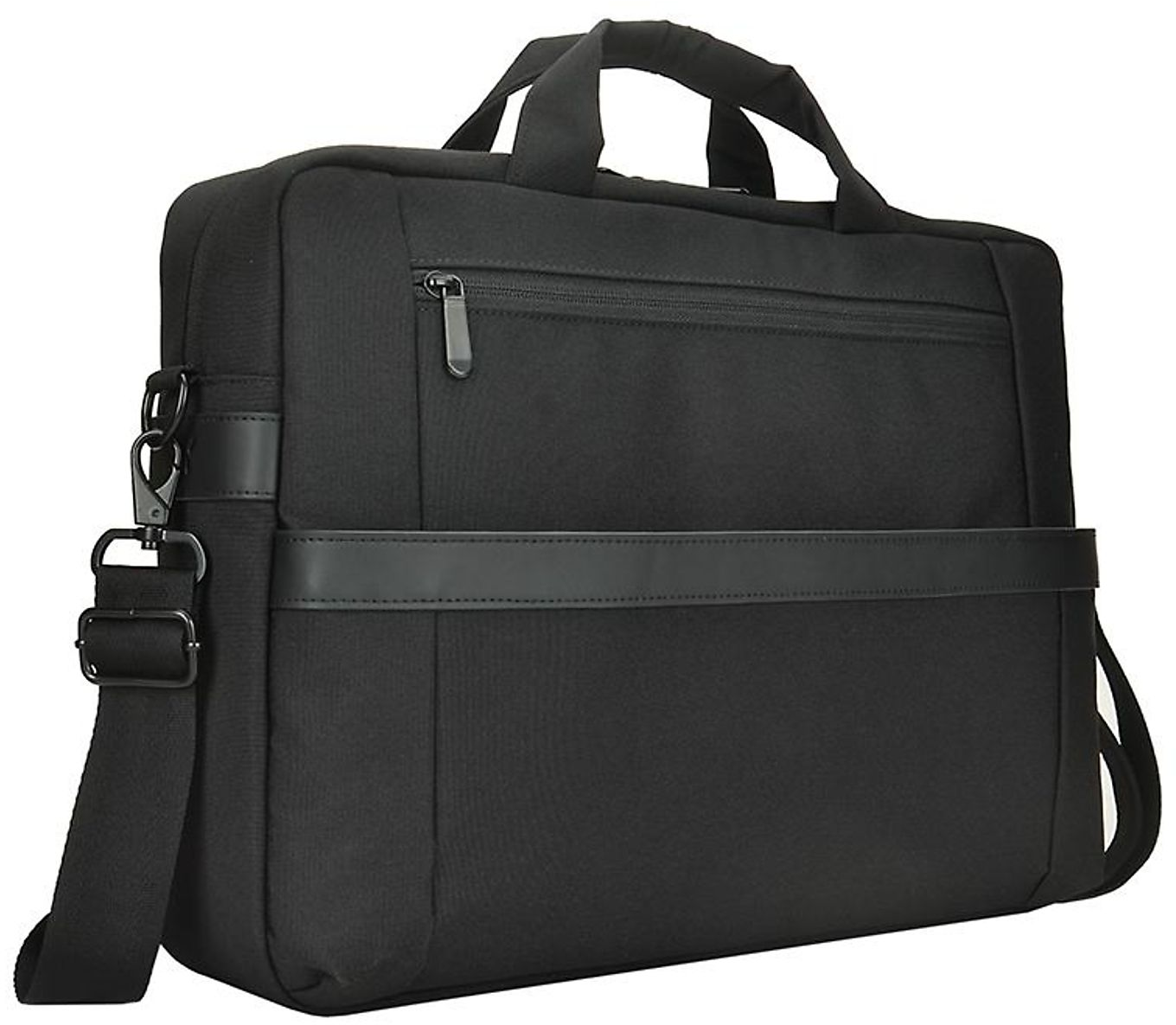 Eine schwarze Laptoptasche mit Griff, Schultergurt und Reißverschlusstasche.
