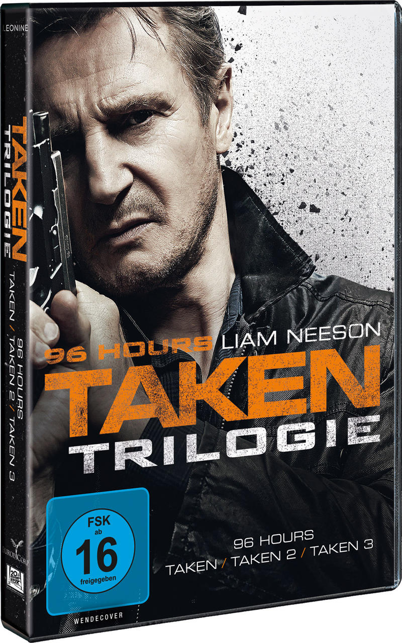 Taken Trilogie DVD-Cover, Liam Neeson mit Pistole.
