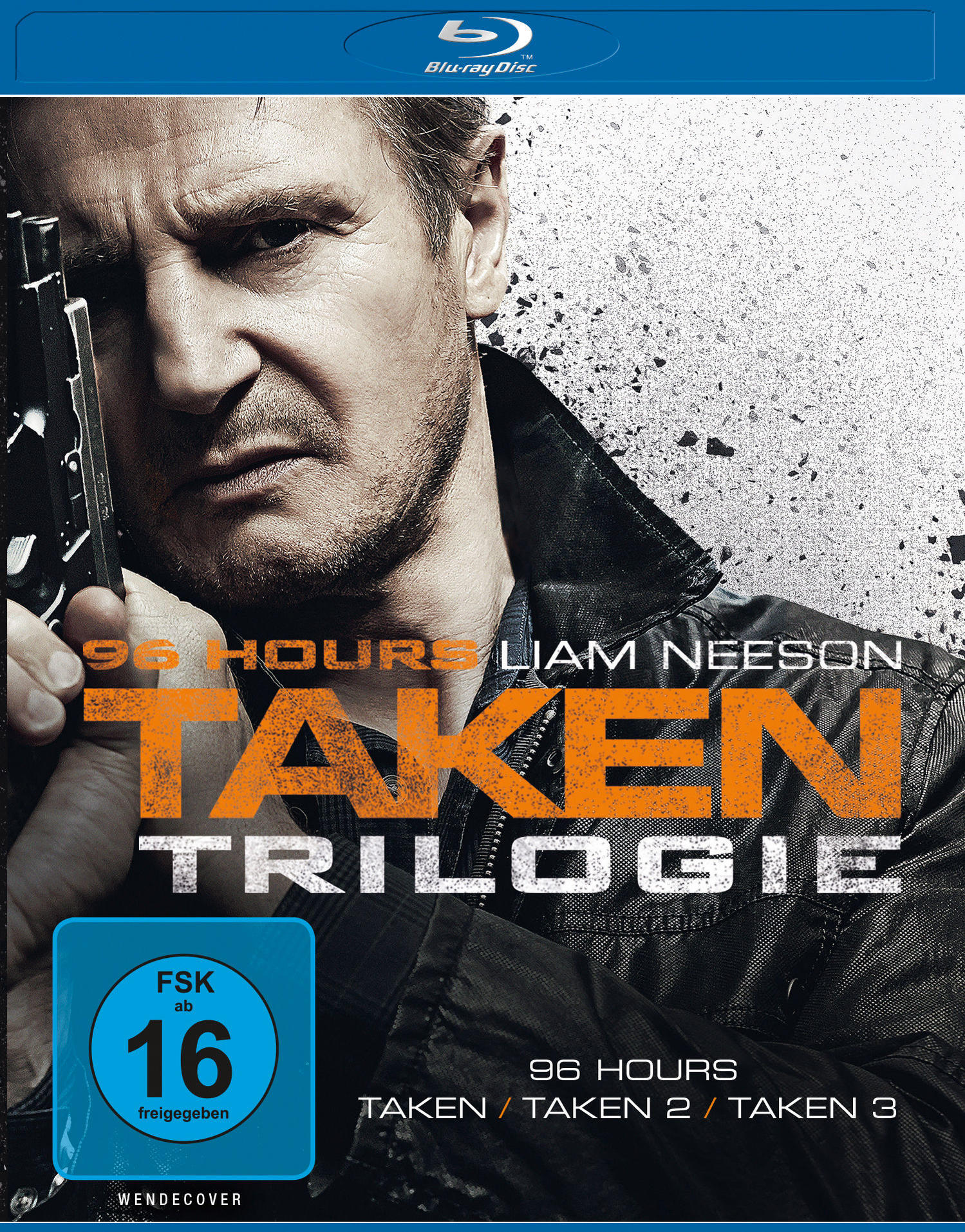 Film-DVD-Cover: Liam Neeson mit einer Waffe, Text 'Taken' und die Worte 'Taken Trilogie'.