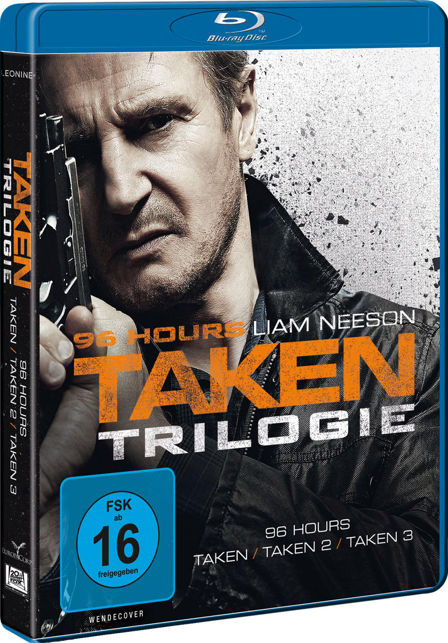 Blu-ray-Hülle mit Liam Neeson. Text sagt Taken Trilogie in Orange. 96 Stunden.