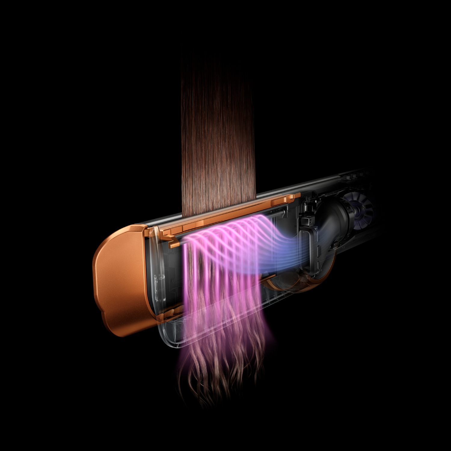 Plancha de pelo en sección transversal, con cabello dentro. Flujo de aire rosa y azul visible.