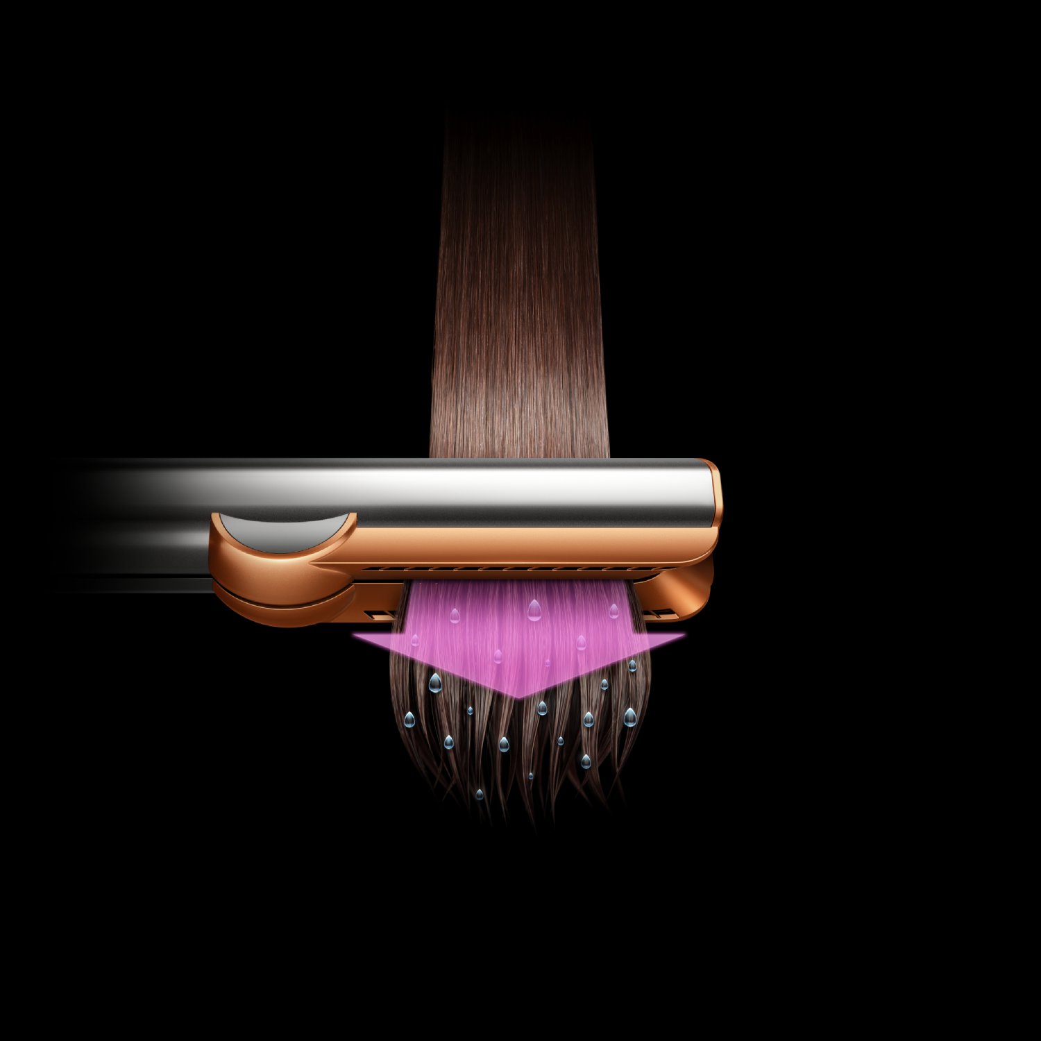 Plancha de pelo con cabello siendo planchado, mostrando vapor y gotas.
