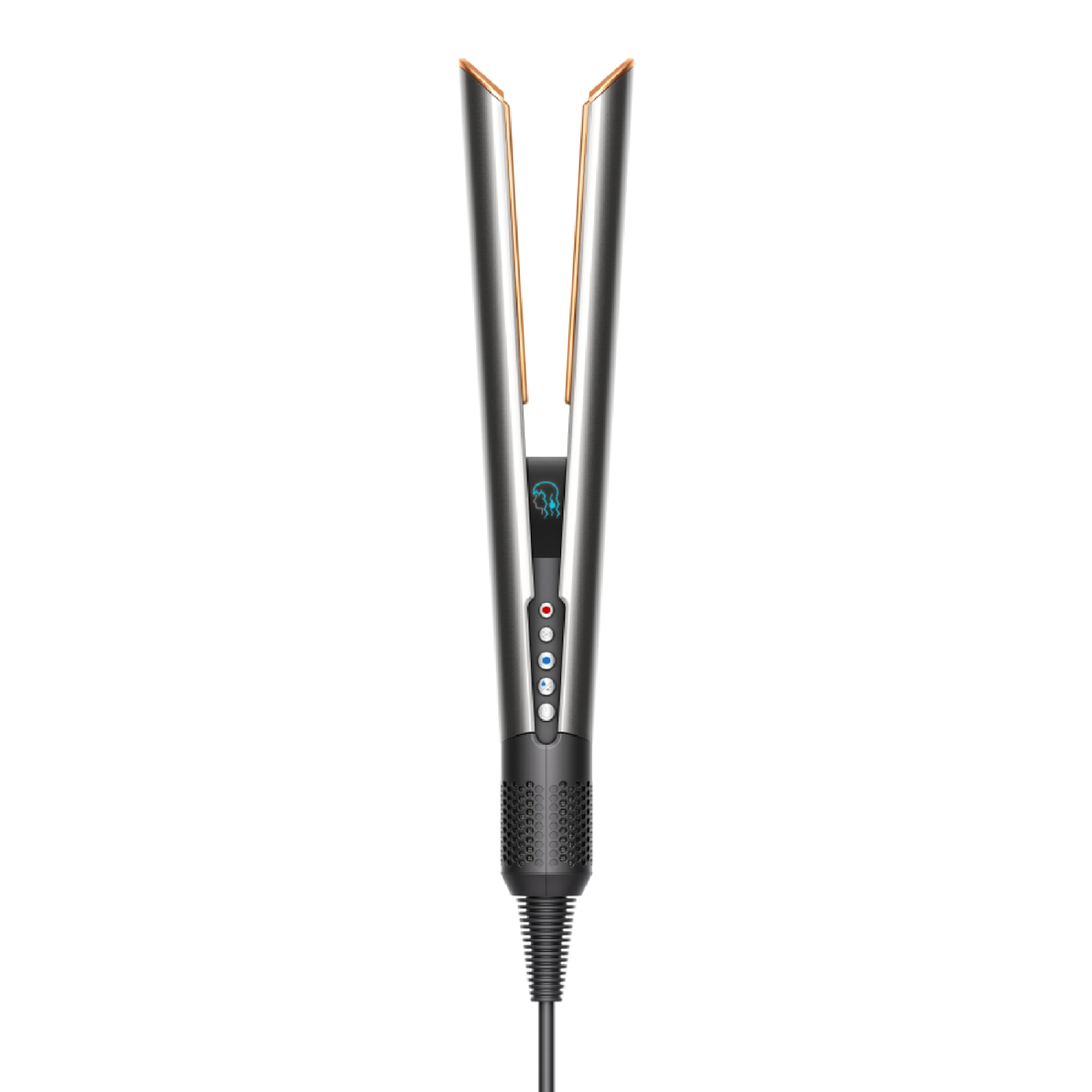 Plancha para el cabello, plateada y dorada, cable negro, con botones.