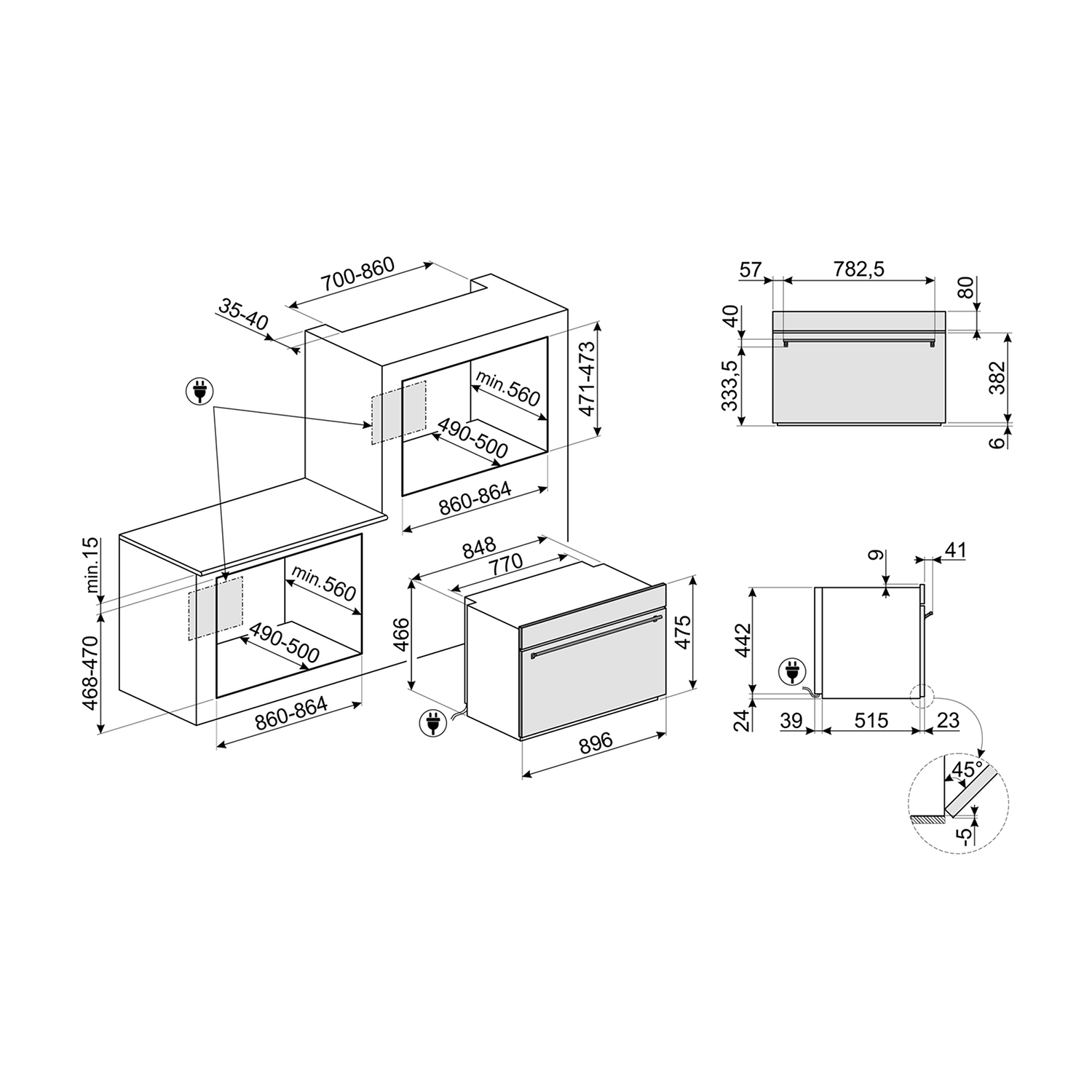 Diagramma di un elettrodomestico da cucina, che mostra dimensioni e collegamenti. Vista prospettica.