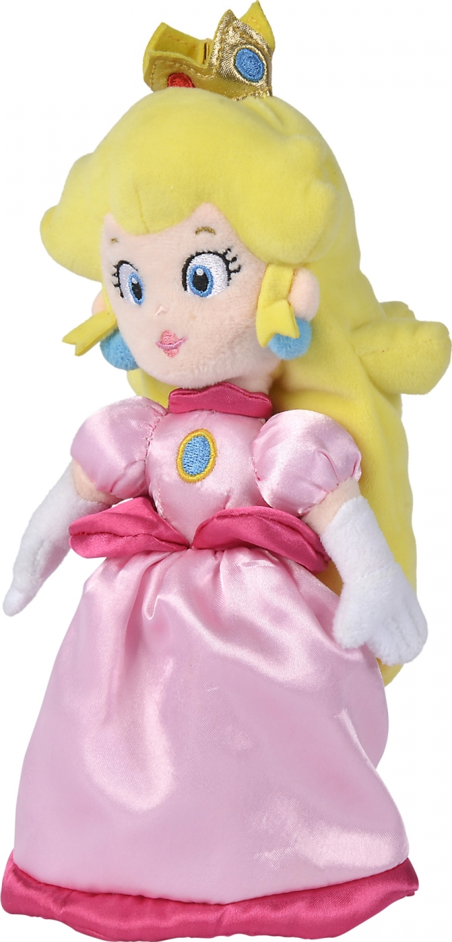Une peluche de la princesse Peach, avec des cheveux blonds, une robe rose et une couronne dorée.