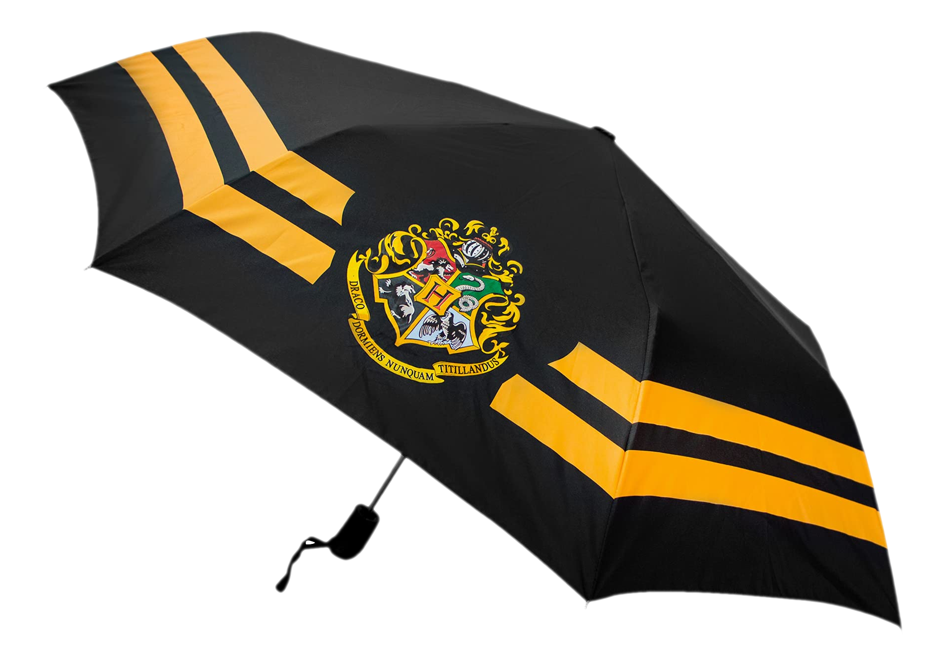 Schwarzer Harry-Potter-Regenschirm mit gelben Streifen und Hogwarts-Wappen. Hintergrund ist schlicht.