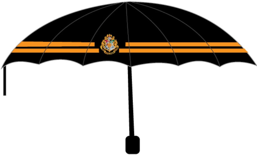 Schwarzer Harry Potter-Schirm mit goldenen Streifen und Wappen, geschlossen.